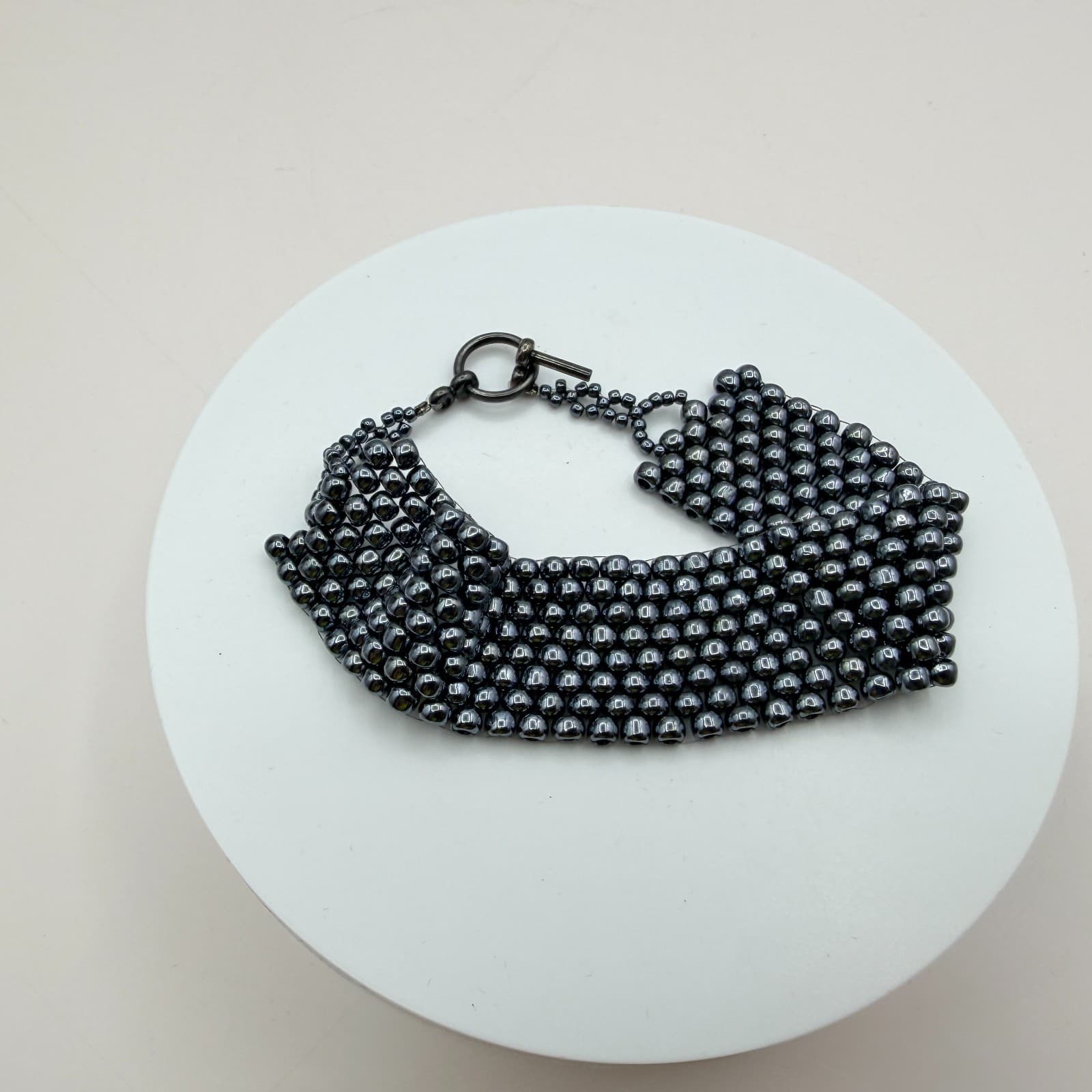 Vintage 90s Wide Seed Beaded Bracelet Gunmetal Tone Women's Classic Jewelry - Thumbnail 3