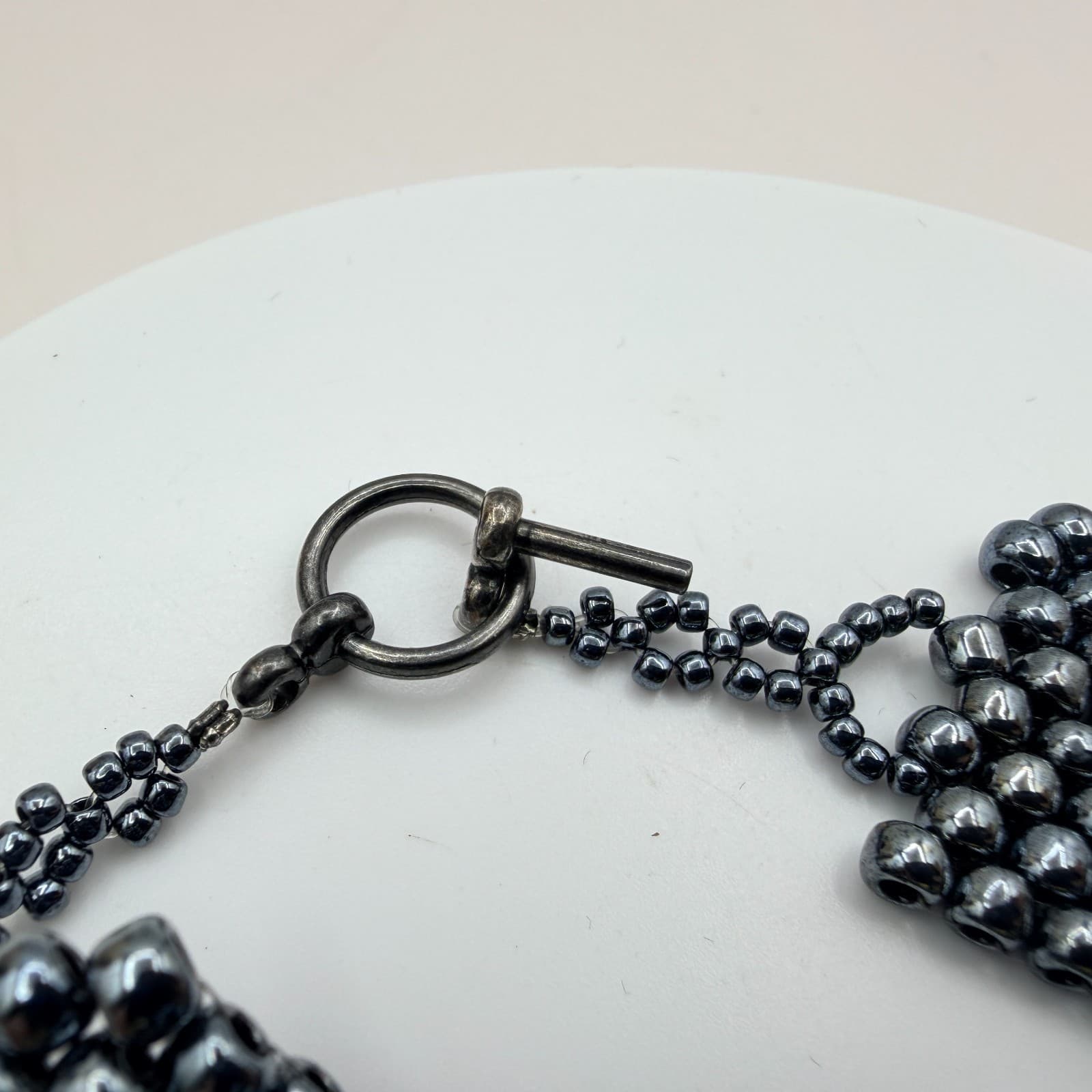 Vintage 90s Wide Seed Beaded Bracelet Gunmetal Tone Women's Classic Jewelry - Thumbnail 7