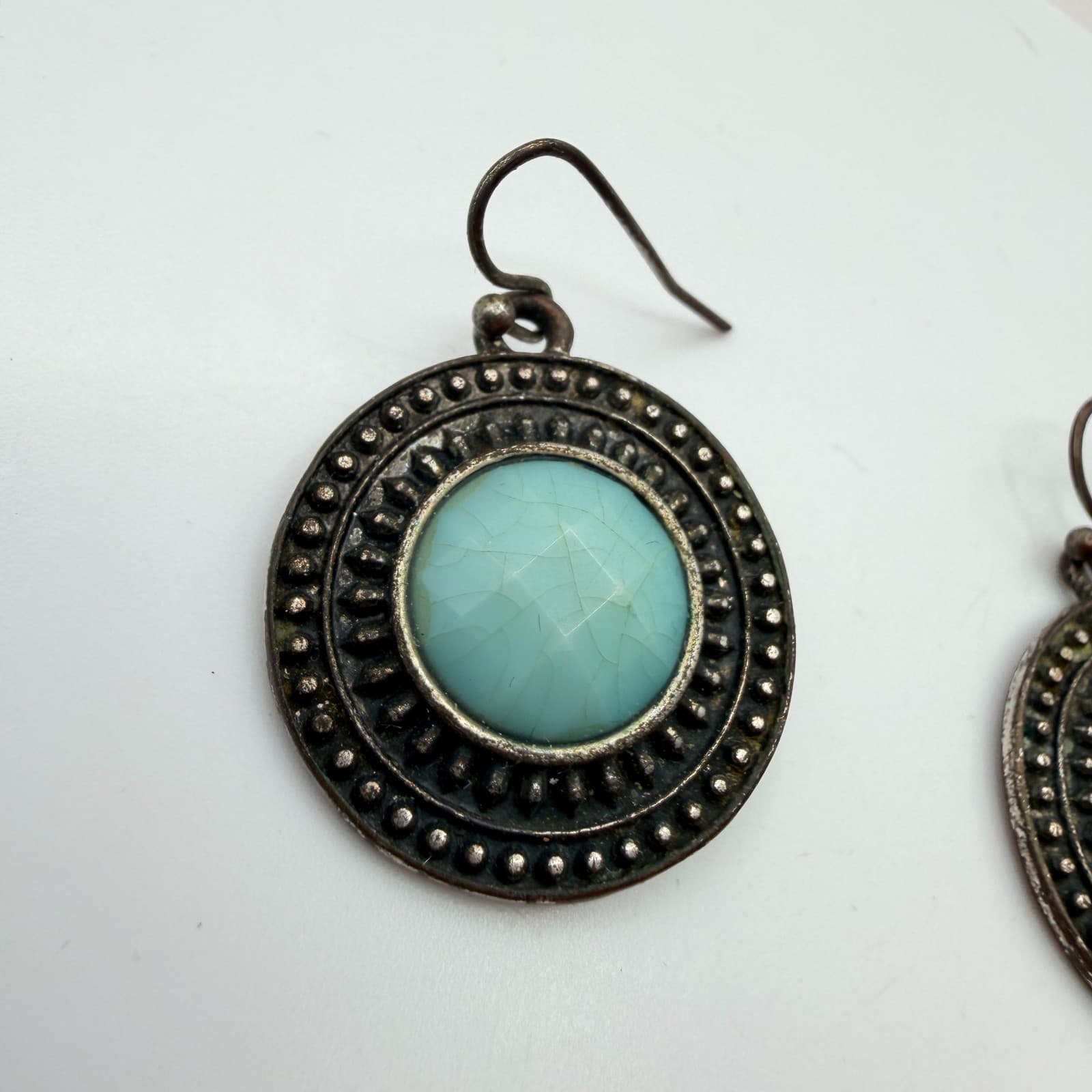 Vintage 90s Teal Blue Glass Drop Earrings Antique Bronze Tone Round Statement - Thumbnail 4