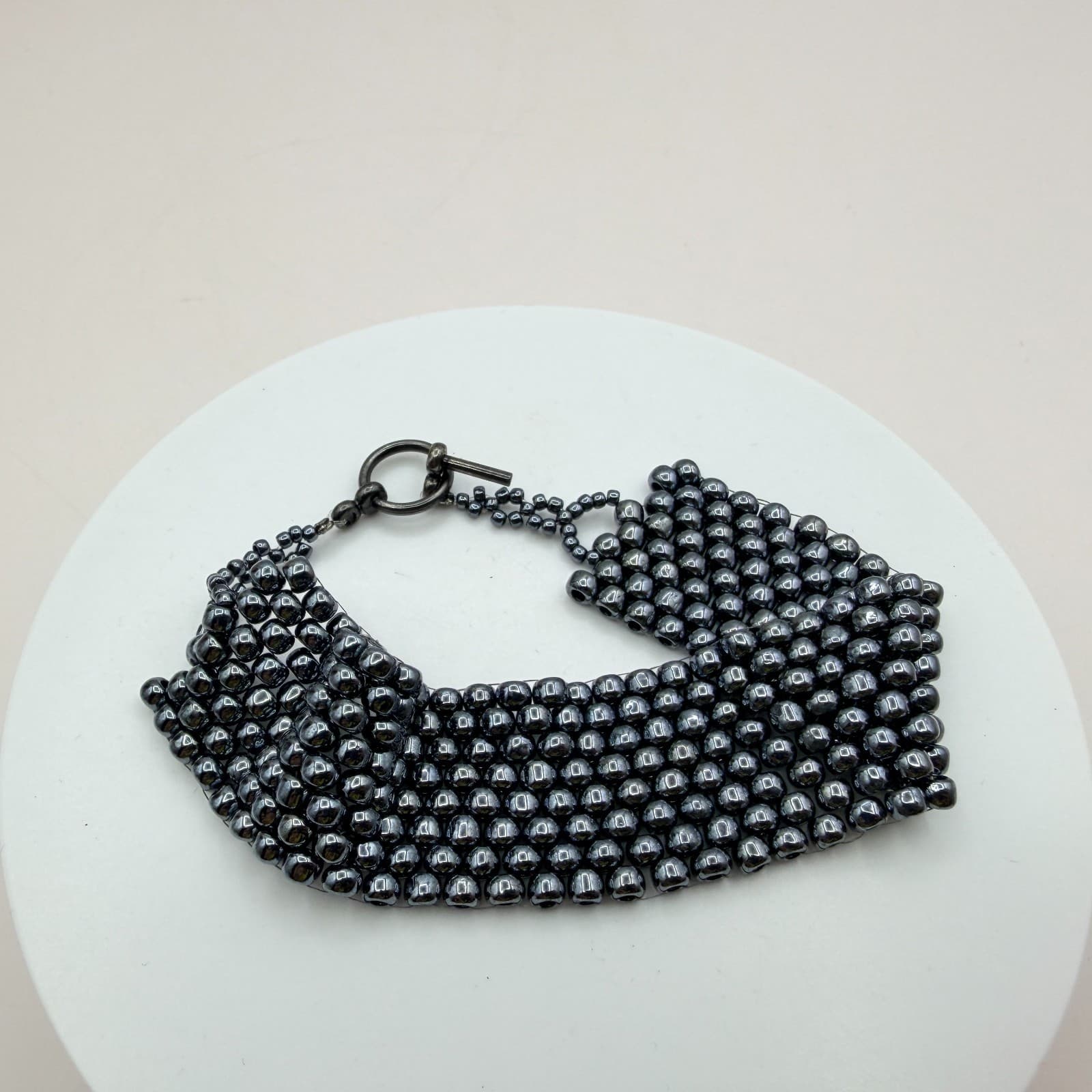 Vintage 90s Wide Seed Beaded Bracelet Gunmetal Tone Women's Classic Jewelry - Thumbnail 6