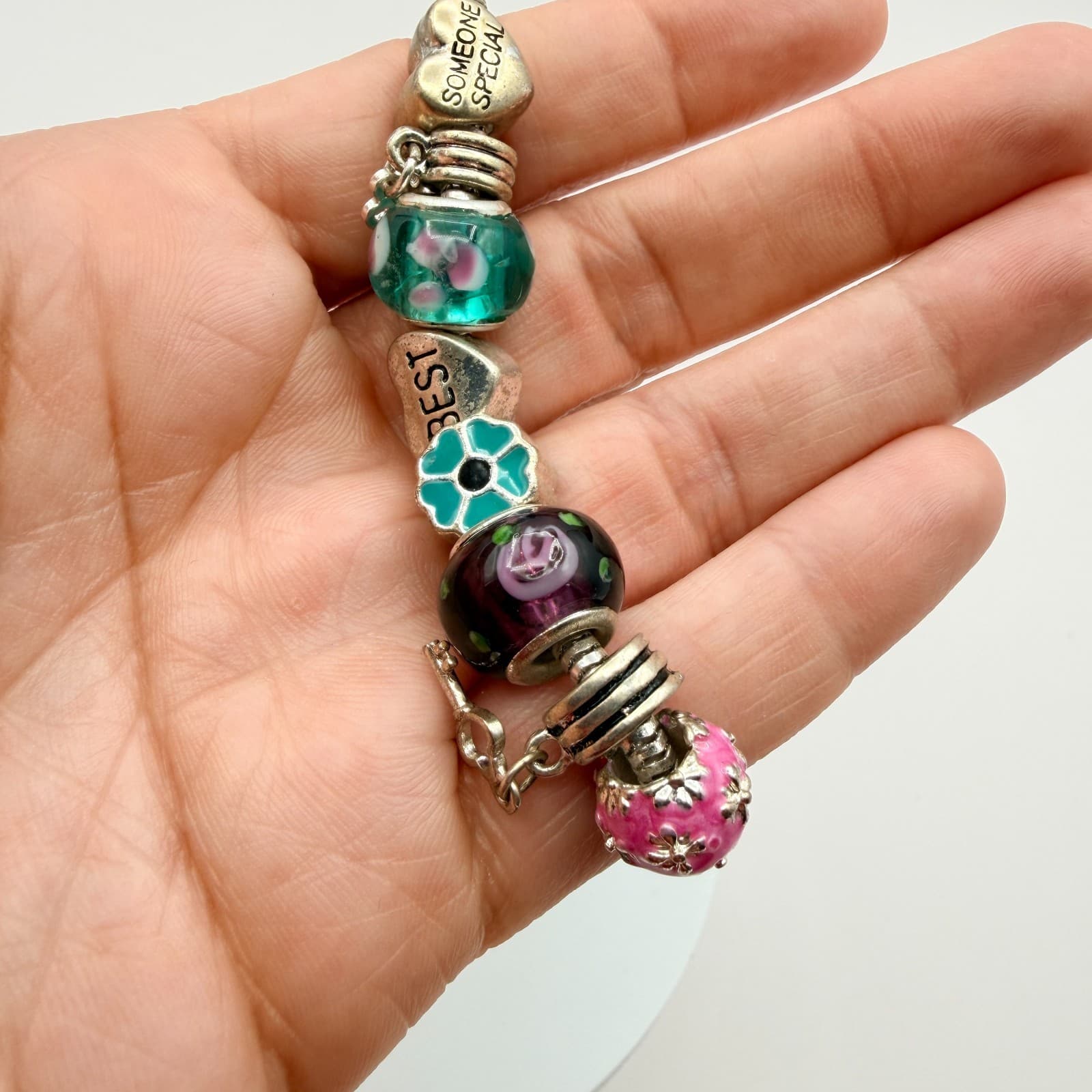 Vintage 90s Silver Tone Someone Special Mom Charm Bracelet Glass Beads Jewelry - Thumbnail 9