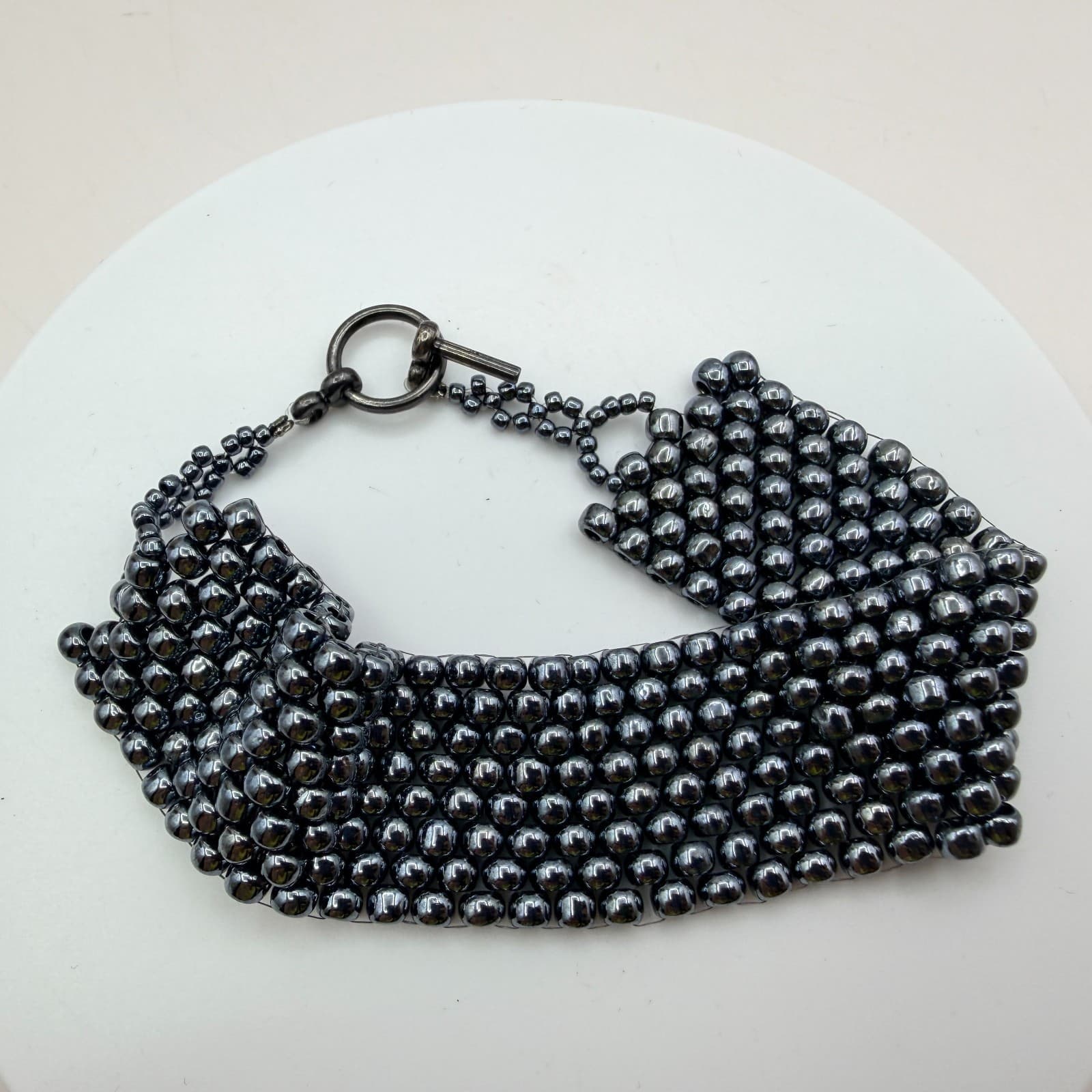 Vintage 90s Wide Seed Beaded Bracelet Gunmetal Tone Women's Classic Jewelry - Image 1