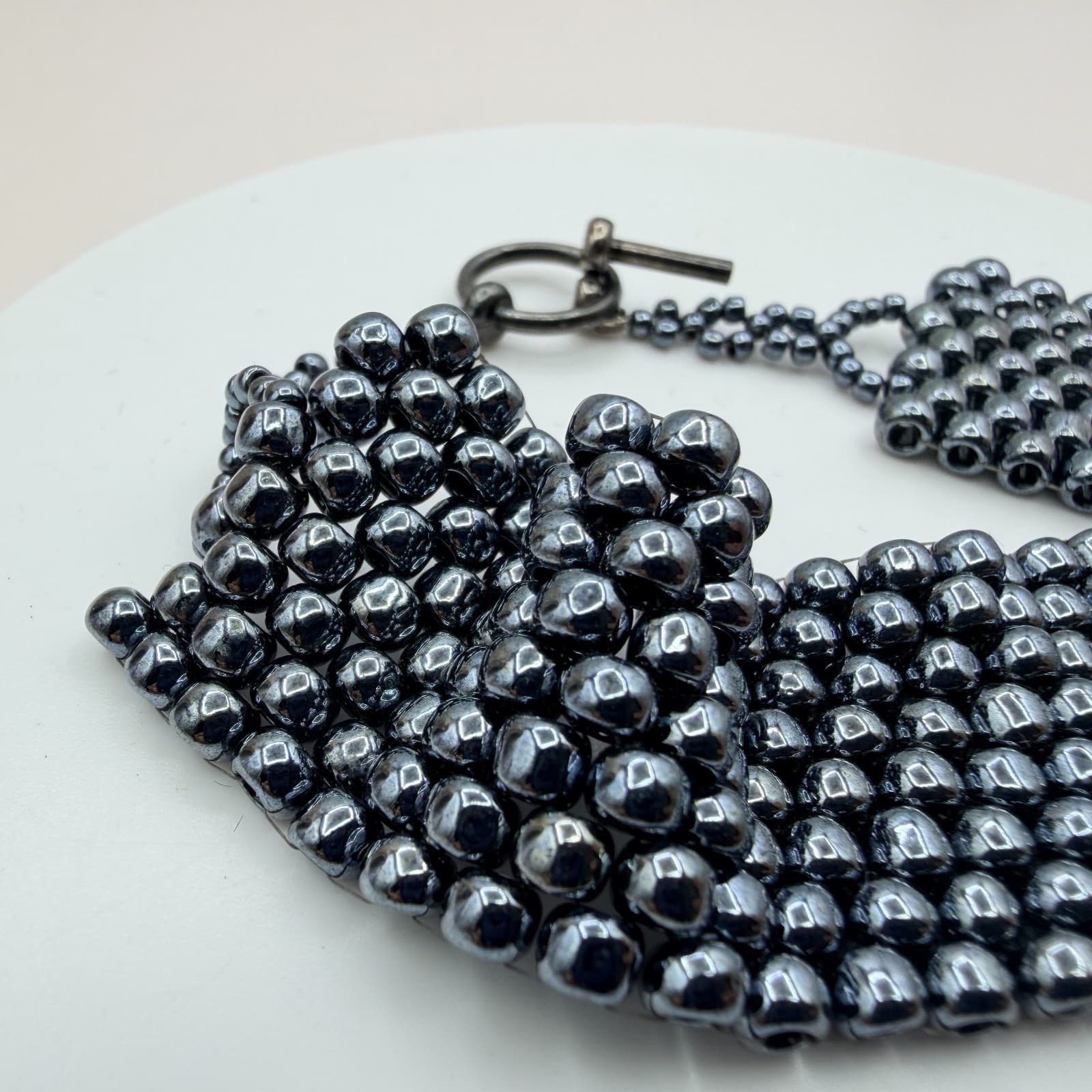 Vintage 90s Wide Seed Beaded Bracelet Gunmetal Tone Women's Classic Jewelry - Thumbnail 5