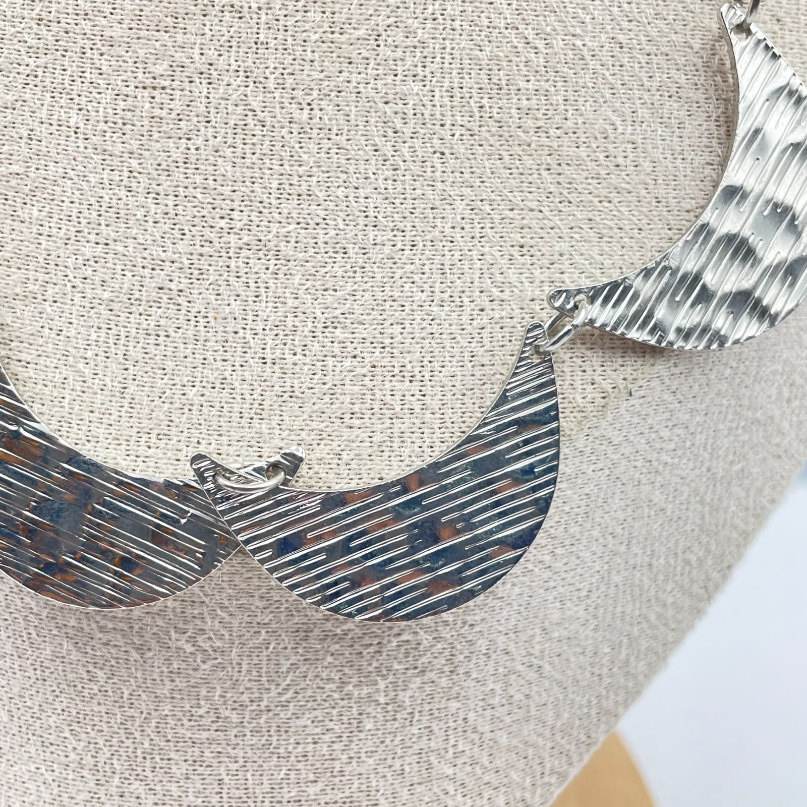 VTG Silver Crescent Moon Bib Necklace Hammered Metal Multi Choker Boho Statement - Thumbnail 3