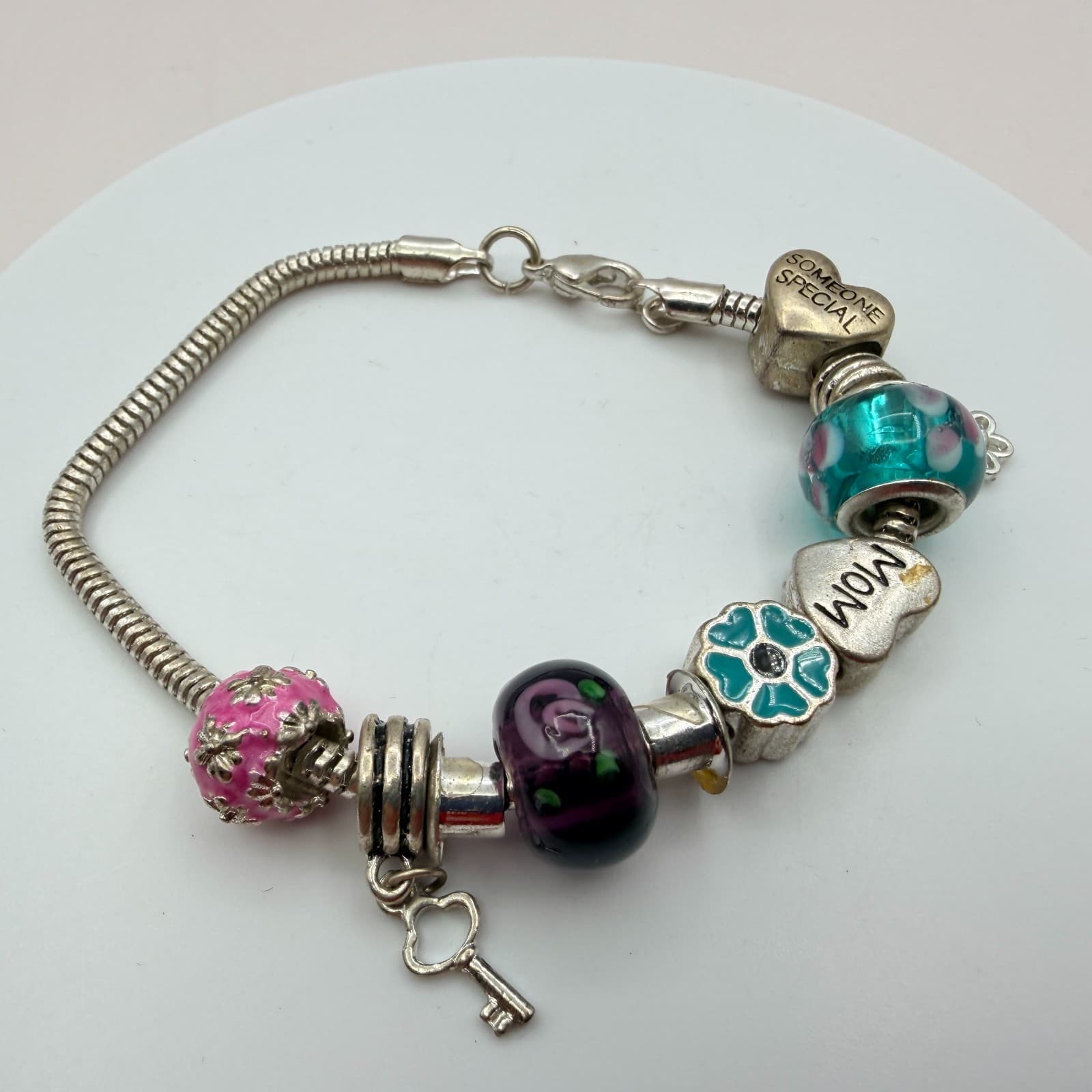 Vintage 90s Silver Tone Someone Special Mom Charm Bracelet Glass Beads Jewelry - Thumbnail 6