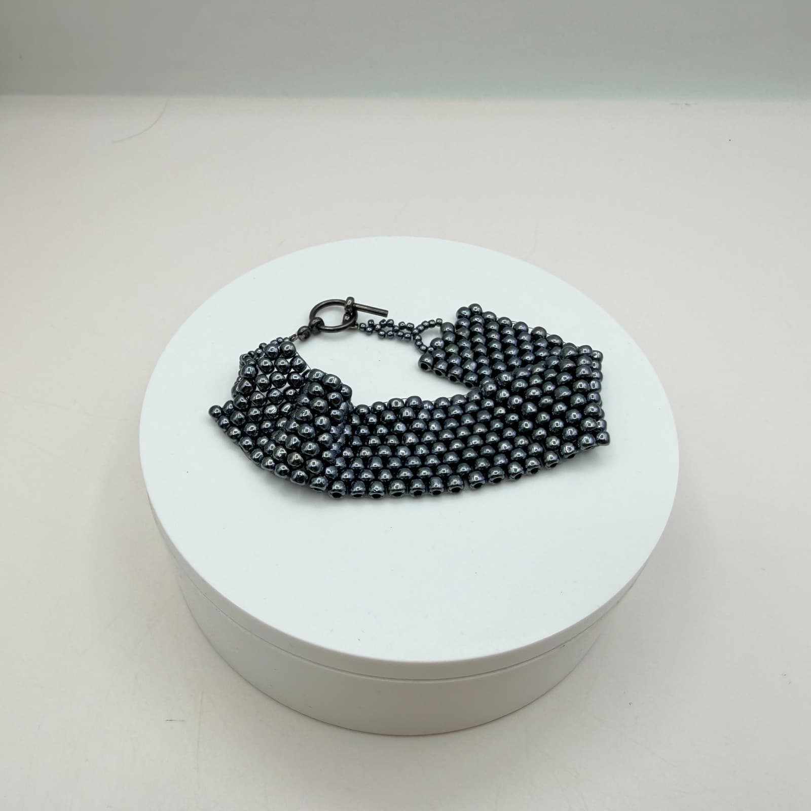 Vintage 90s Wide Seed Beaded Bracelet Gunmetal Tone Women's Classic Jewelry - Thumbnail 8