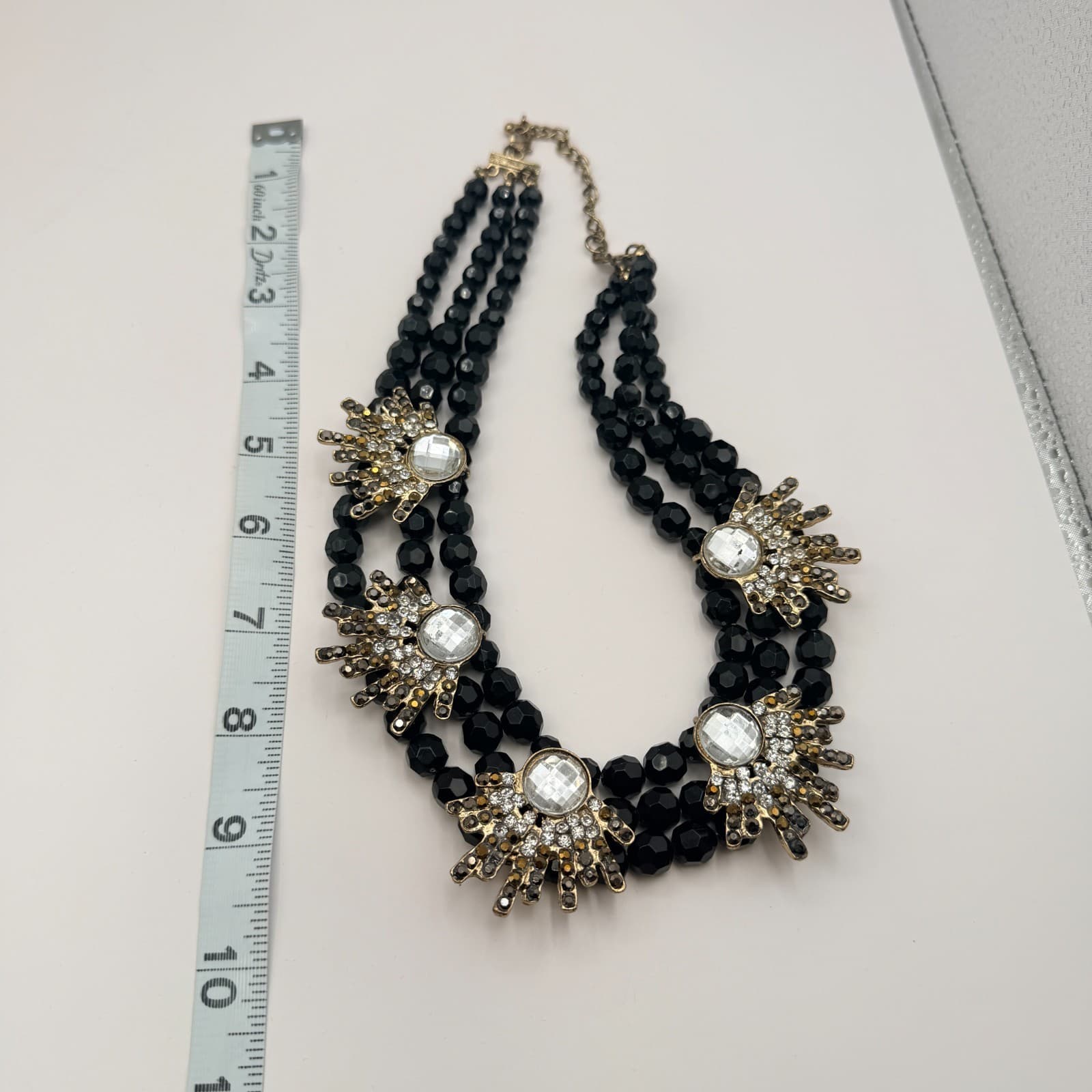 Vintage 90s Black Beaded Multi Strand Gold Tone Statement Necklace Jewelry - Thumbnail 8