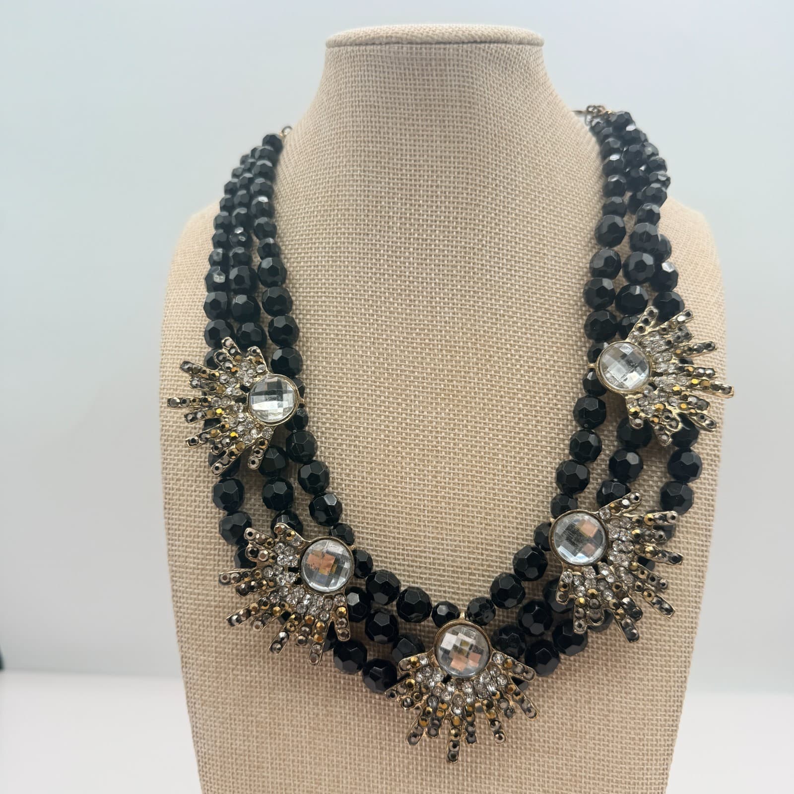 Vintage 90s Black Beaded Multi Strand Gold Tone Statement Necklace Jewelry - Thumbnail 2