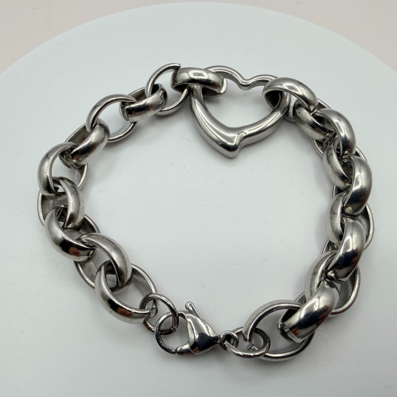 Vintage 80s Silver Tone Rol Link Bracelet Polished Heart Clasp Statement Jewelry - Thumbnail 5