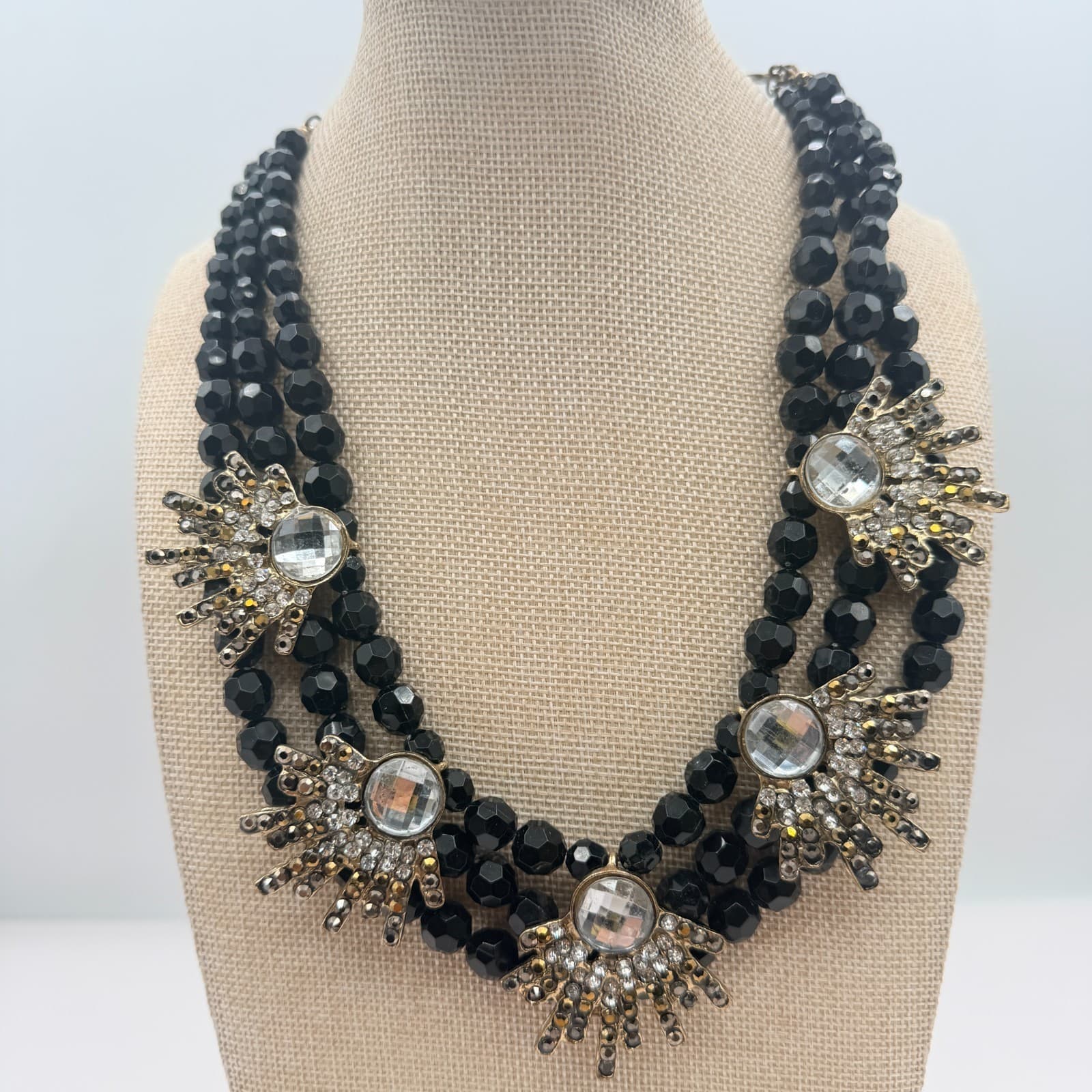 Vintage 90s Black Beaded Multi Strand Gold Tone Statement Necklace Jewelry - Image 1