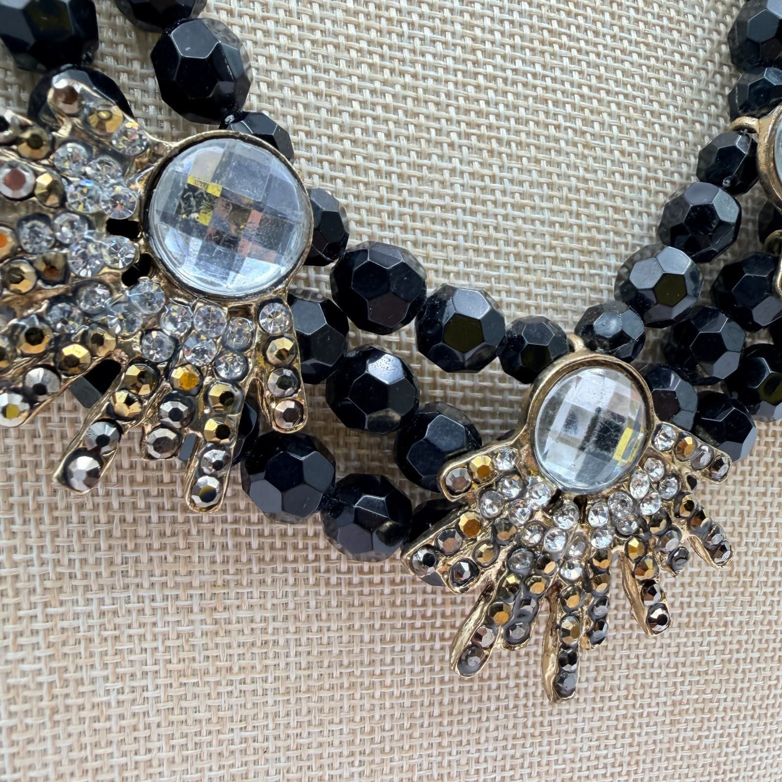 Vintage 90s Black Beaded Multi Strand Gold Tone Statement Necklace Jewelry - Thumbnail 5