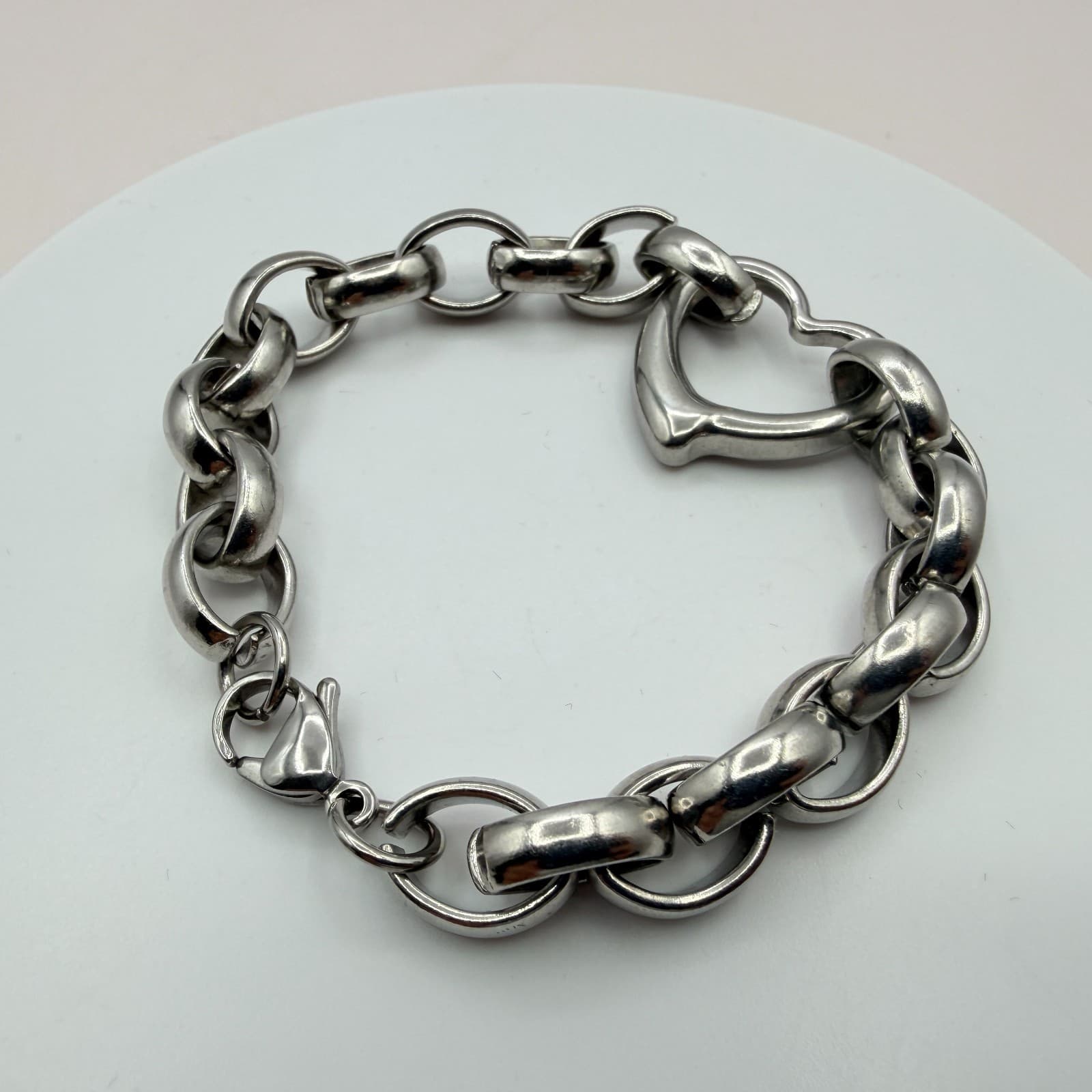 Vintage 80s Silver Tone Rol Link Bracelet Polished Heart Clasp Statement Jewelry - Thumbnail 4