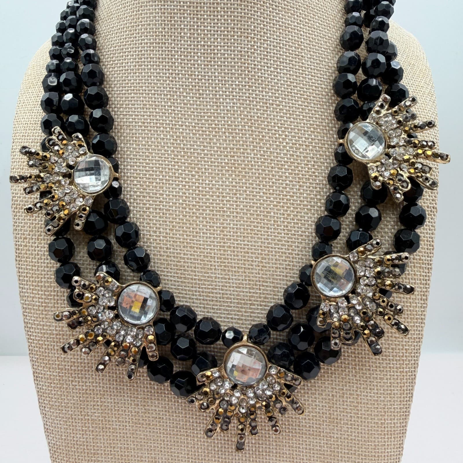 Vintage 90s Black Beaded Multi Strand Gold Tone Statement Necklace Jewelry - Thumbnail 3