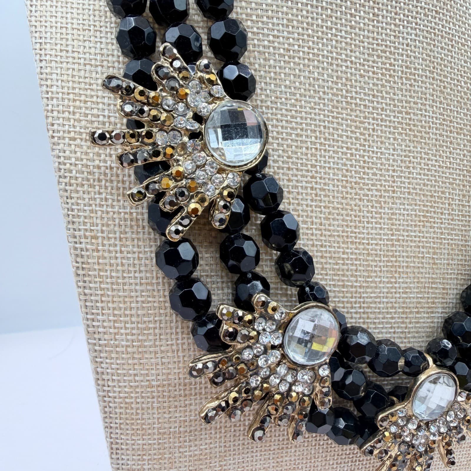 Vintage 90s Black Beaded Multi Strand Gold Tone Statement Necklace Jewelry - Thumbnail 4