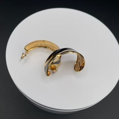 Vintage Black Enamel Wavy Gold Tone Hoop Earrings Fashion Jewelry - Thumbnail 7