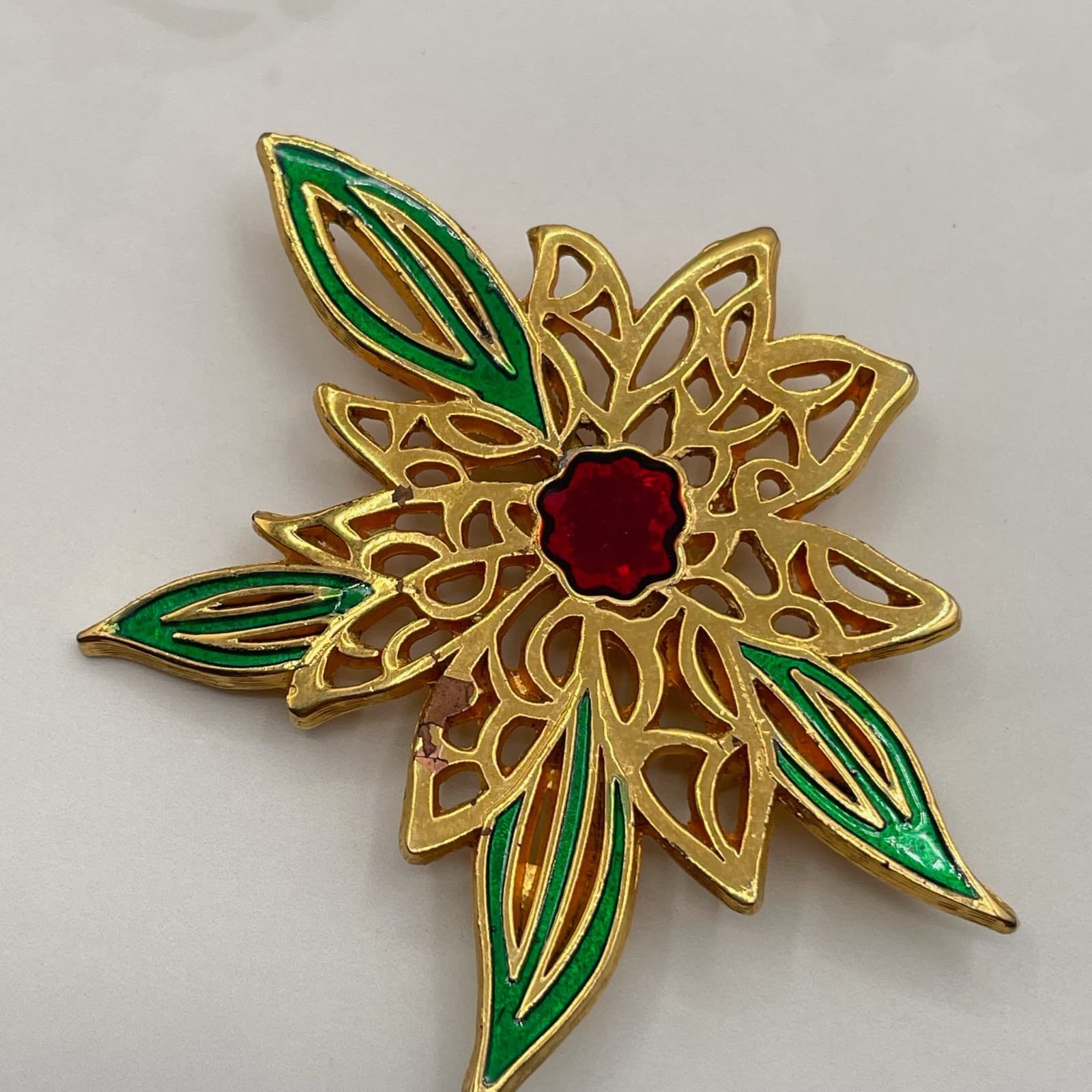 Vintage VTG Gold-Tone Poinsettia Flower Brooch Pin Green Red Enamel Leave - Thumbnail 7