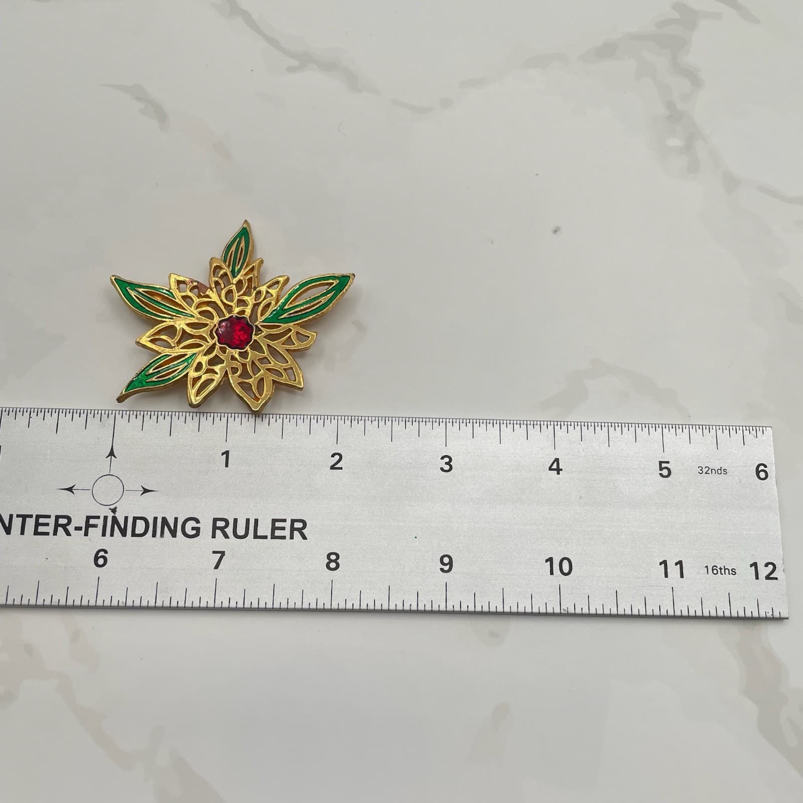 Vintage VTG Gold-Tone Poinsettia Flower Brooch Pin Green Red Enamel Leave - Thumbnail 3