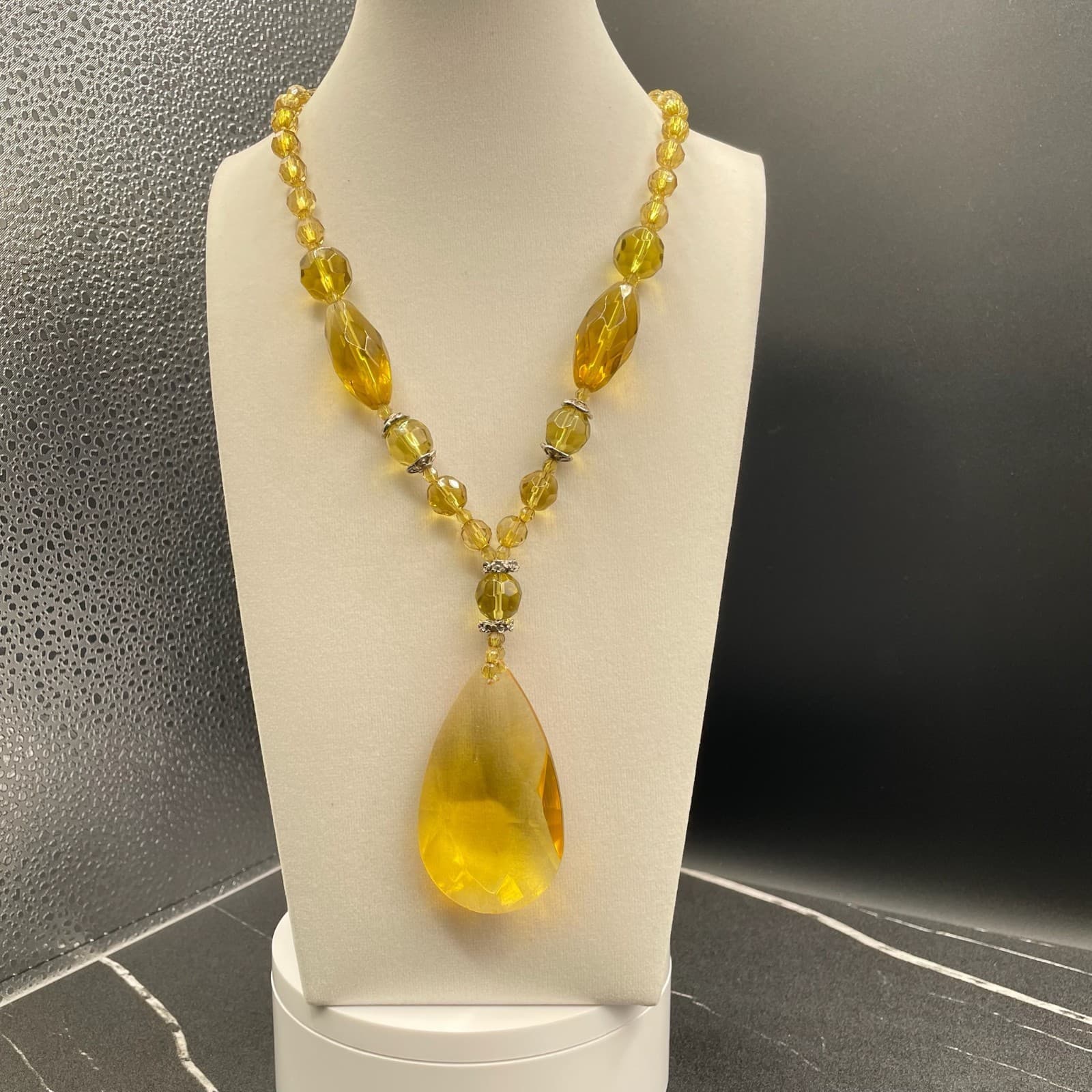 Vintage Amber Glass Silver-Tone Aluminium Lobster Classic Beaded Necklace - 17" - Thumbnail 3