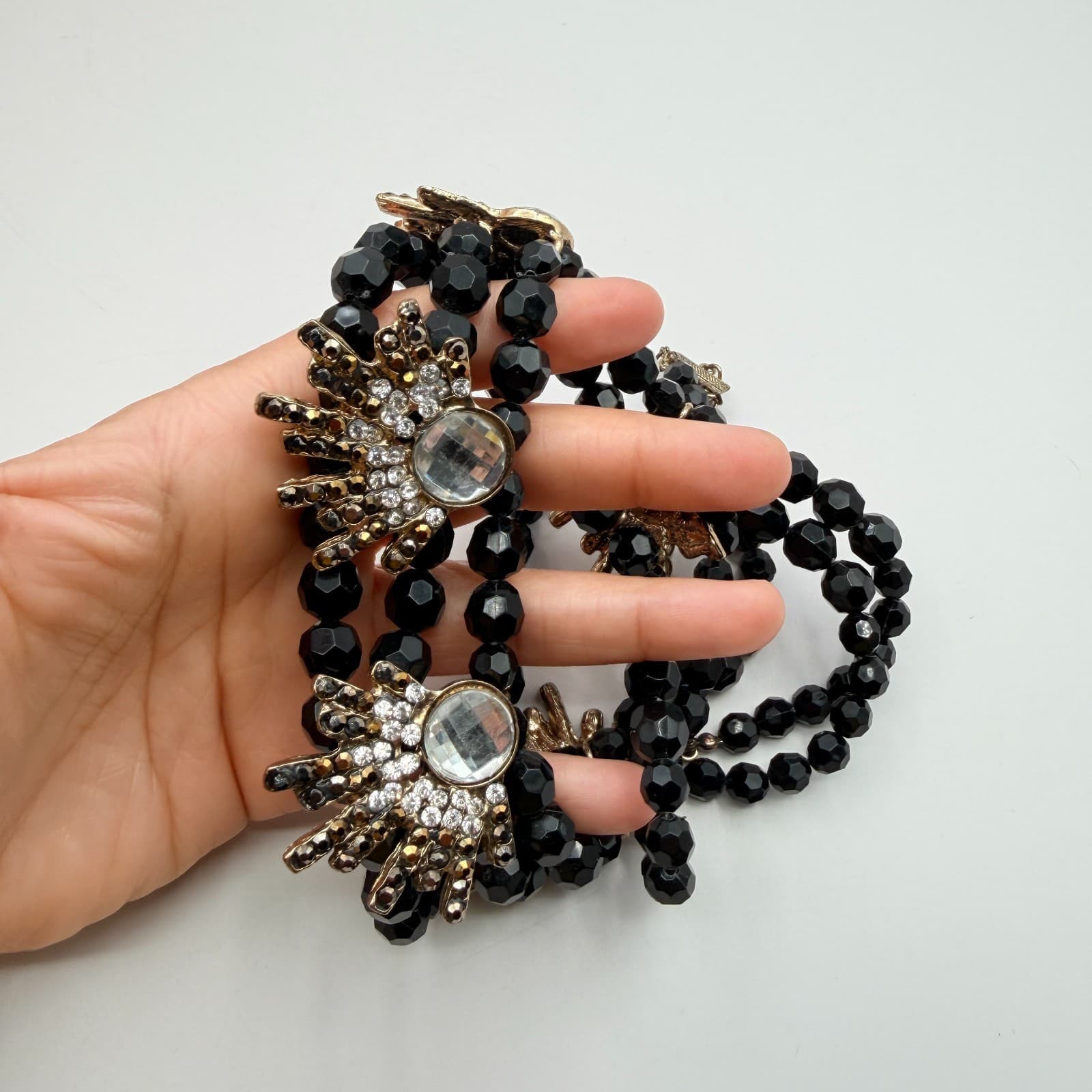 Vintage 90s Black Beaded Multi Strand Gold Tone Statement Necklace Jewelry - Thumbnail 6