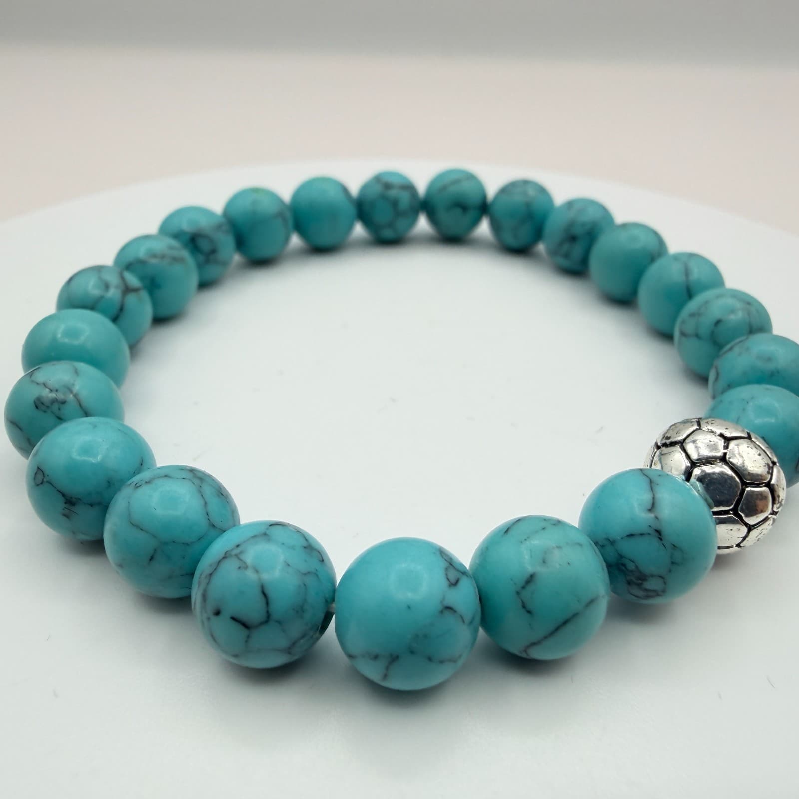 Vintage 80s Howlite Beaded Bracelet Silver Tone Soccer Ball Charm Mens Jewelry - Thumbnail 2