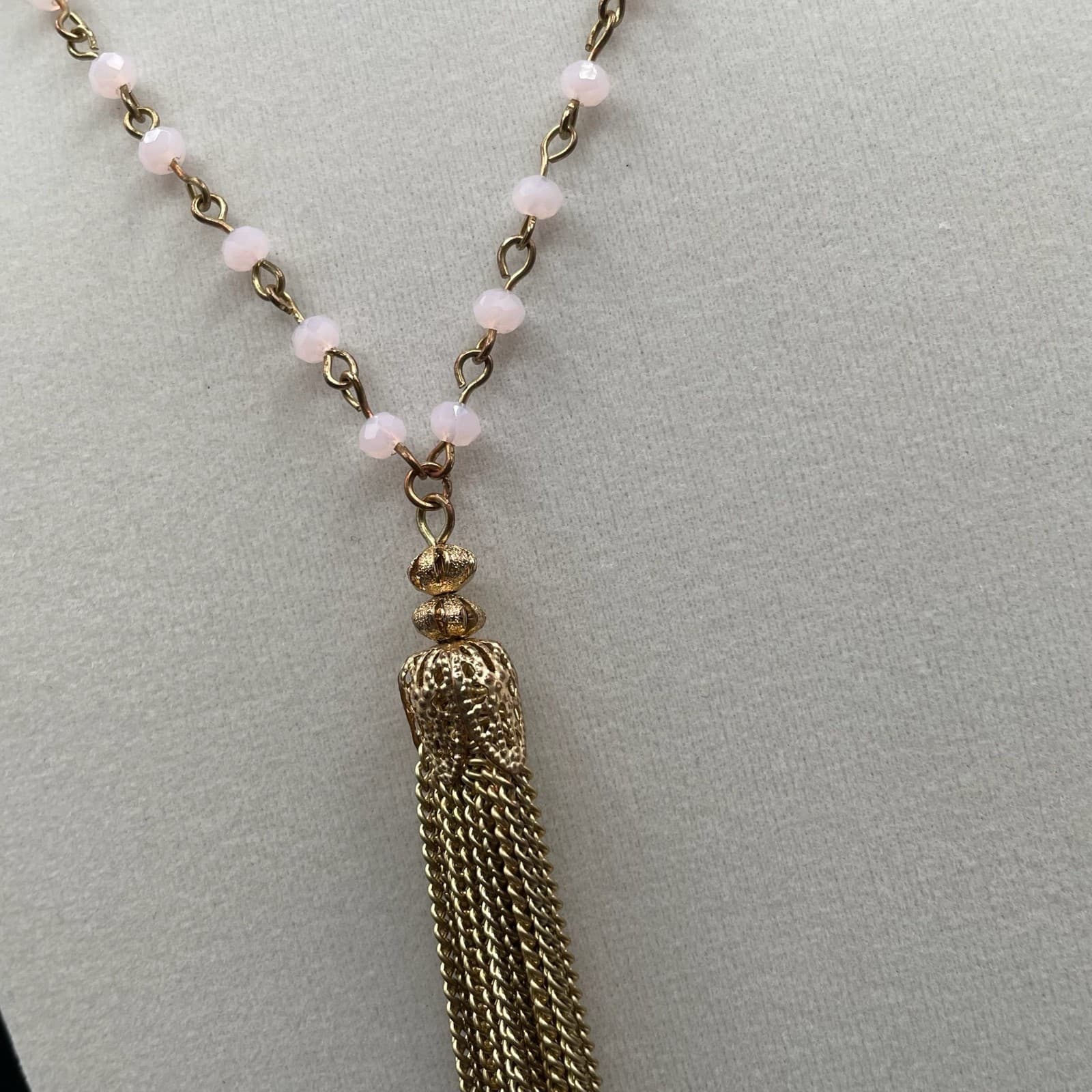 Vintage Gold-Tone Glass Beaded Lobster Claw Fashion Tassel Pendant Necklace - Thumbnail 6