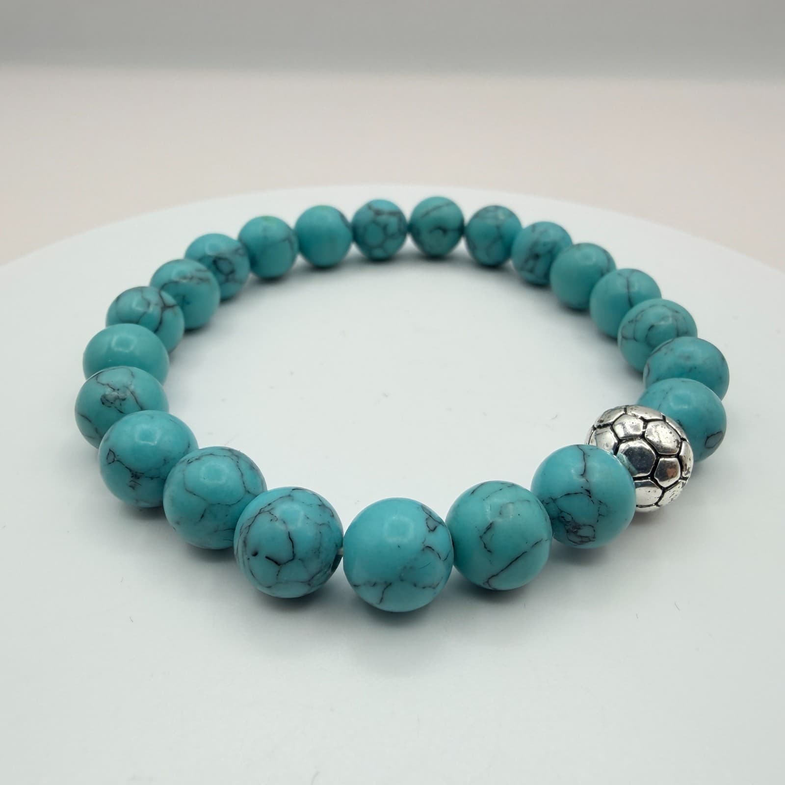 Vintage 80s Howlite Beaded Bracelet Silver Tone Soccer Ball Charm Mens Jewelry - Image 1