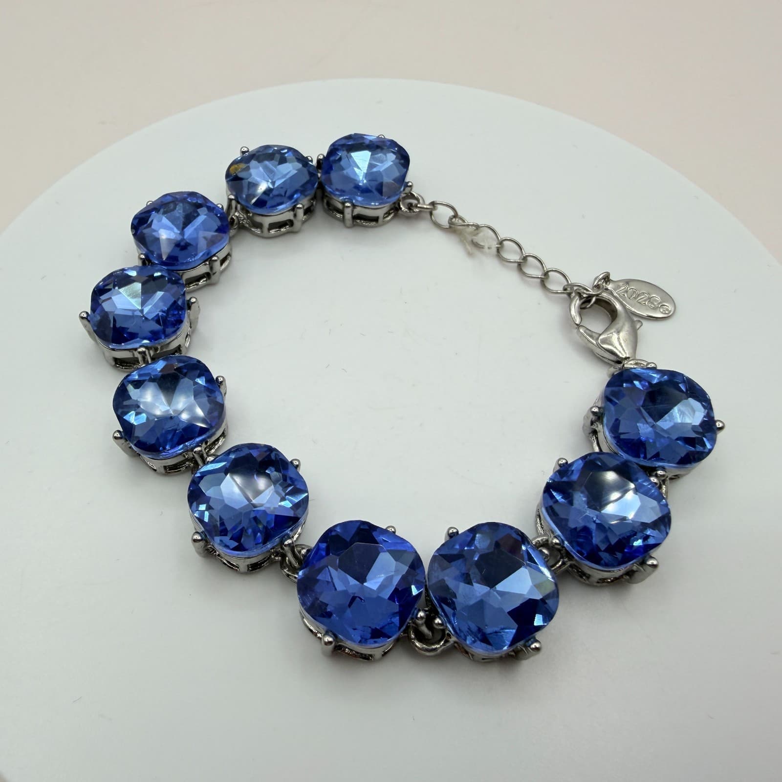 Vintage 90s Blue Cushion Cut Crystal Bracelet Silver Tone Rhodium Finish Jewelry - Thumbnail 2