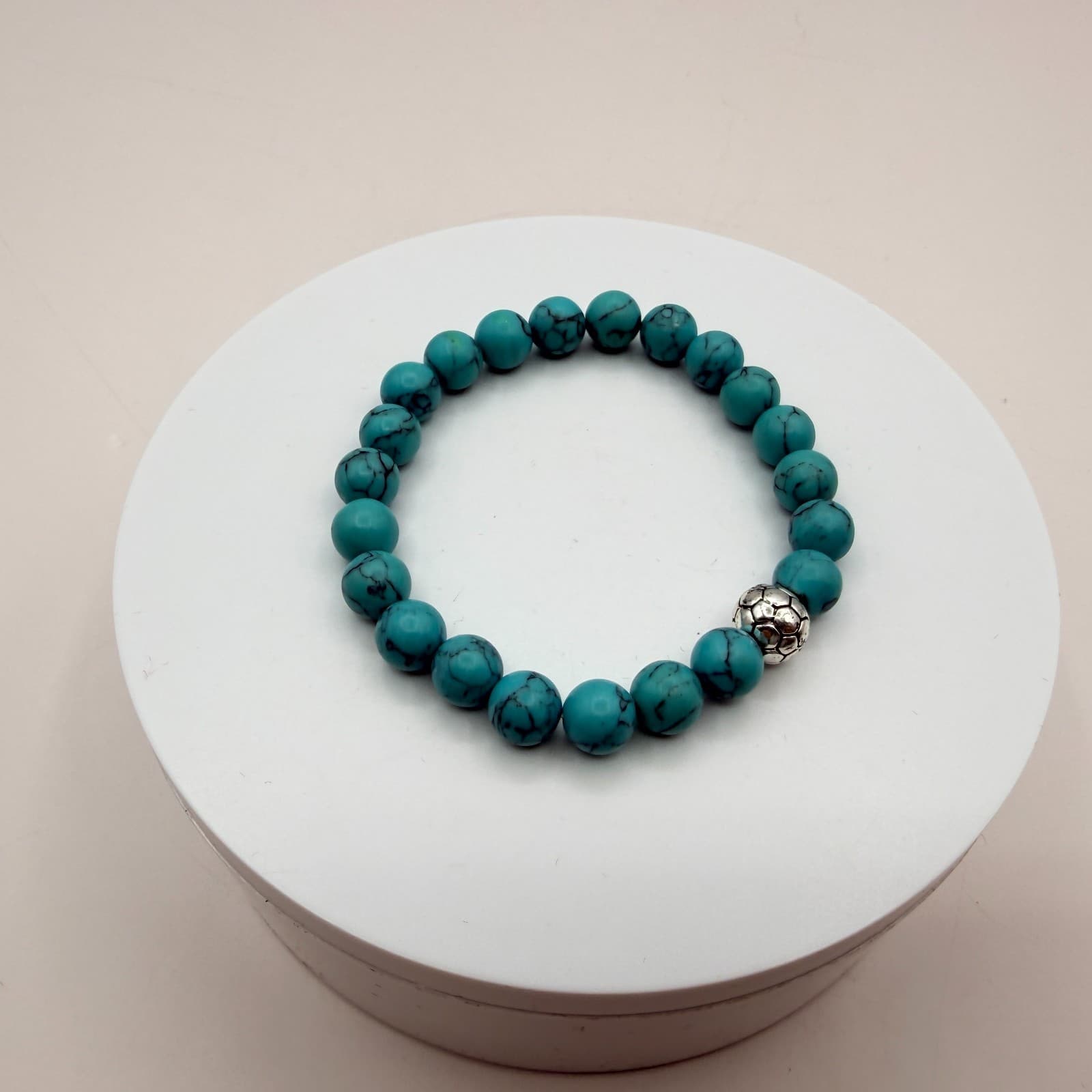 Vintage 80s Howlite Beaded Bracelet Silver Tone Soccer Ball Charm Mens Jewelry - Thumbnail 5