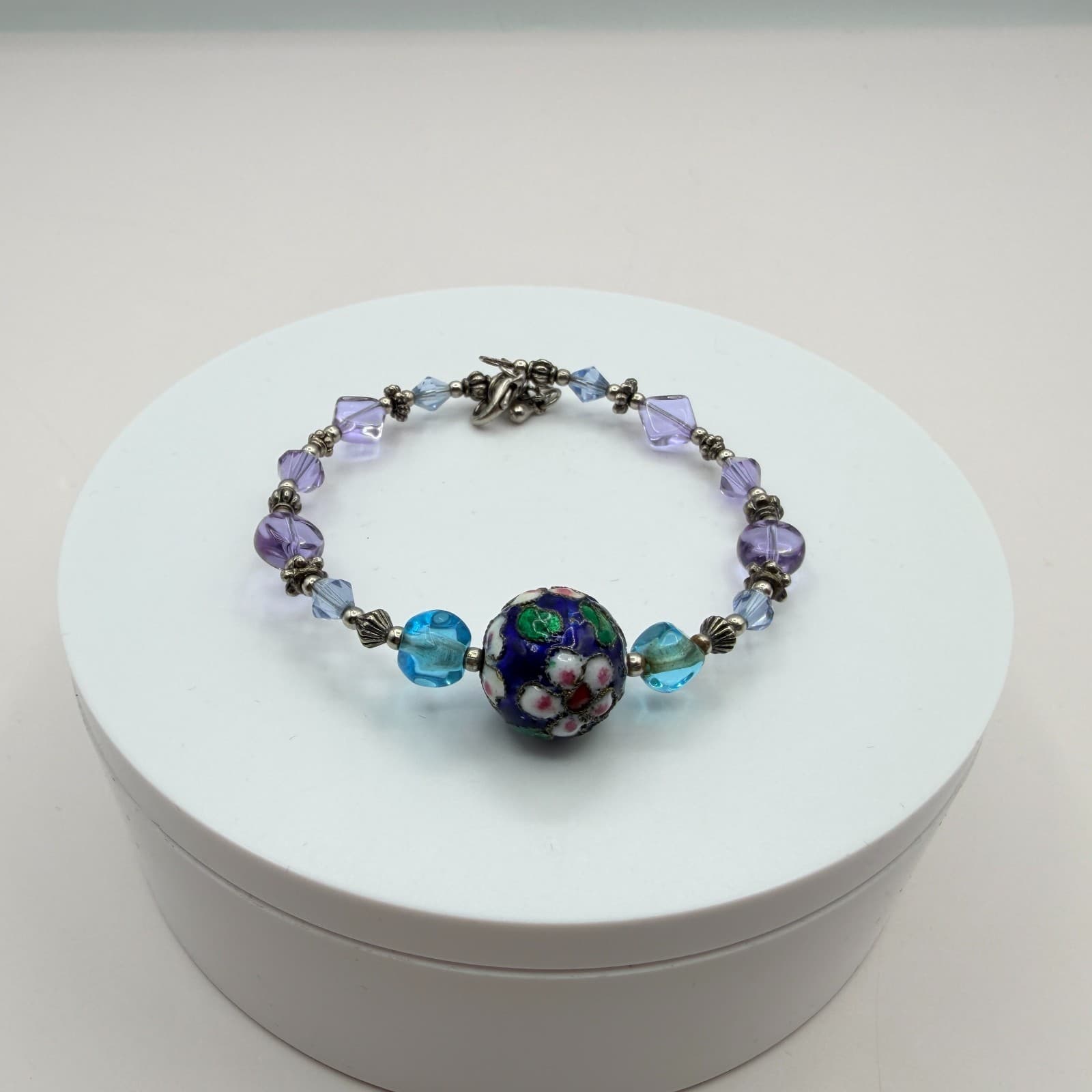 Vintage 90s Lampwork Glass Floral Bead Bracelet Purple Blue Silver Tone Jewelry - Image 1