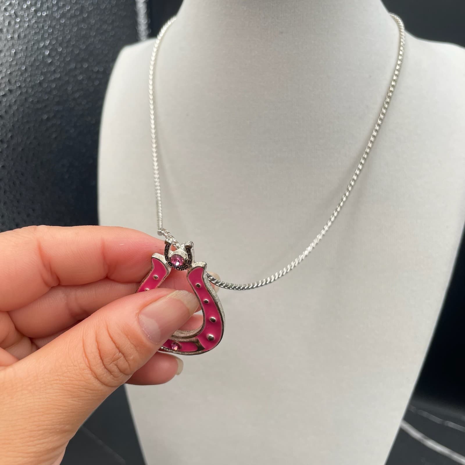 Vintage French Cut Pink Silver Lacquer Aluminium Horseshoe Lobster Charm Pendant - Thumbnail 9