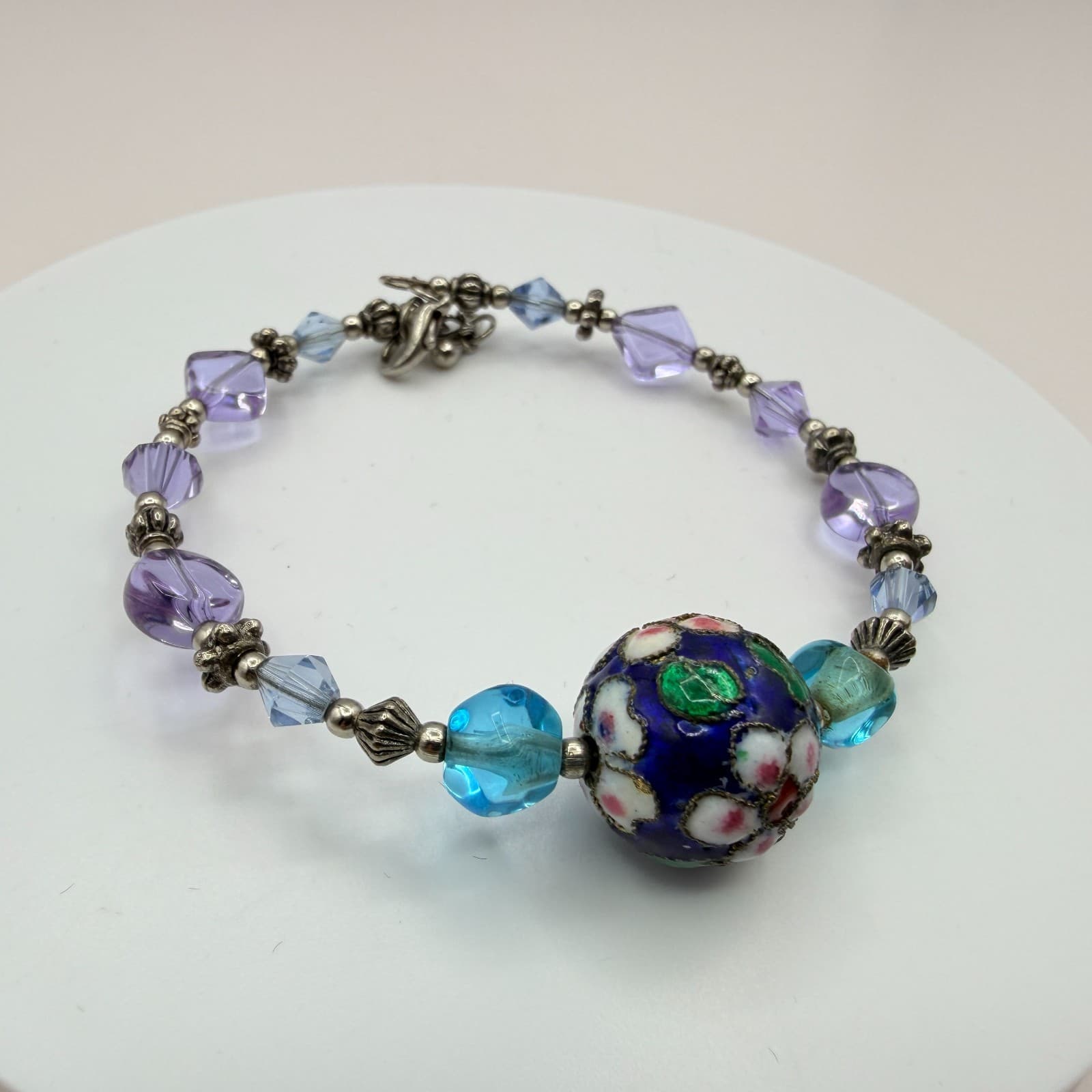 Vintage 90s Lampwork Glass Floral Bead Bracelet Purple Blue Silver Tone Jewelry - Thumbnail 5