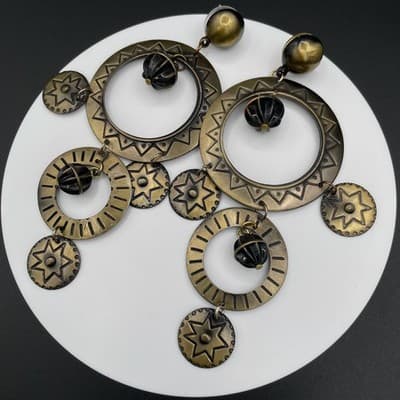 Vintage Bronze Tone Brass Finish Bohemian Star Dangle Drop Earrings - Thumbnail 2