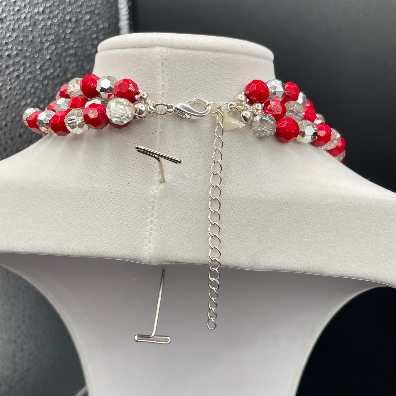 Vintage Red Clear Glass Faceted Beaded Classic Multi-Strand Collar Necklace - Thumbnail 7