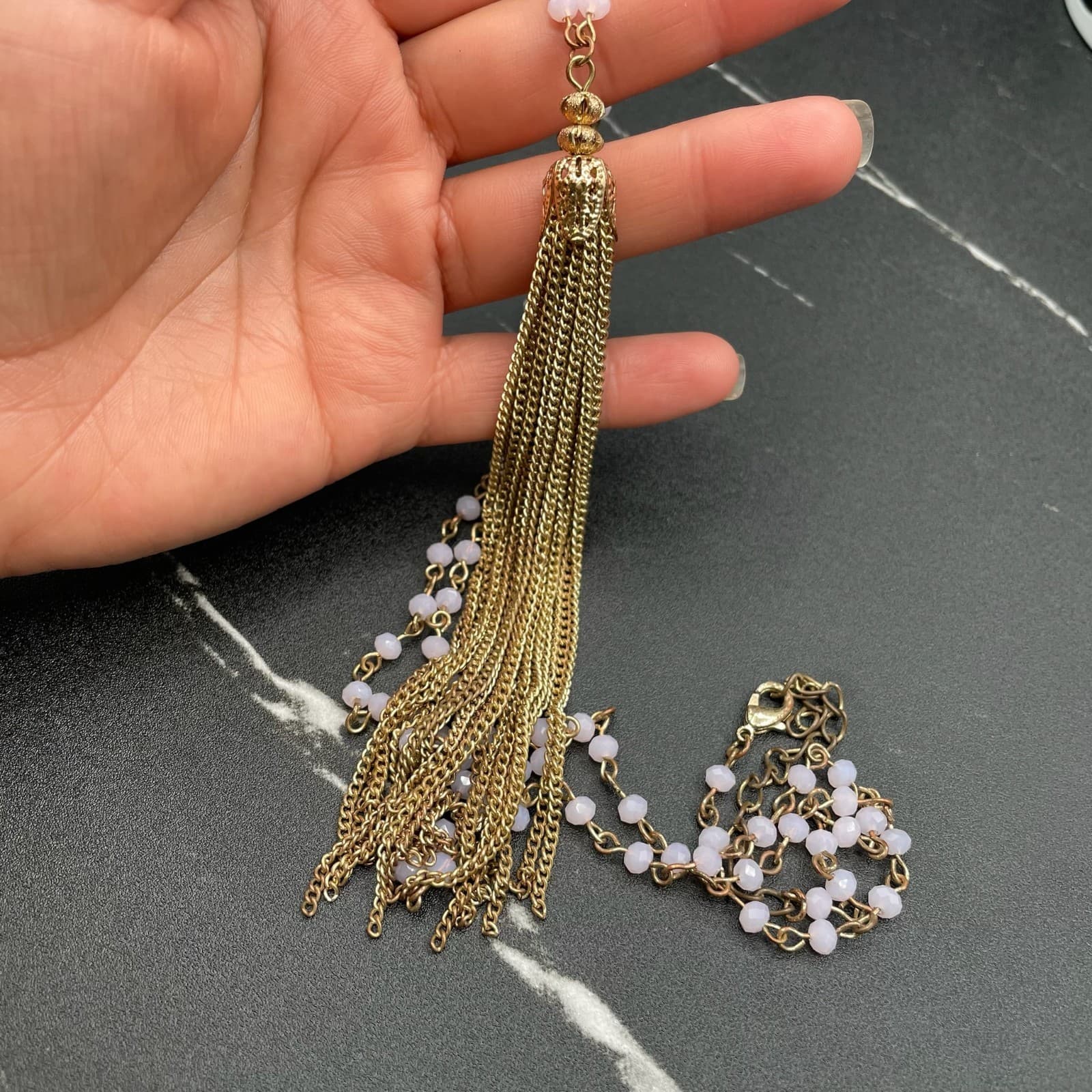 Vintage Gold-Tone Glass Beaded Lobster Claw Fashion Tassel Pendant Necklace - Thumbnail 4