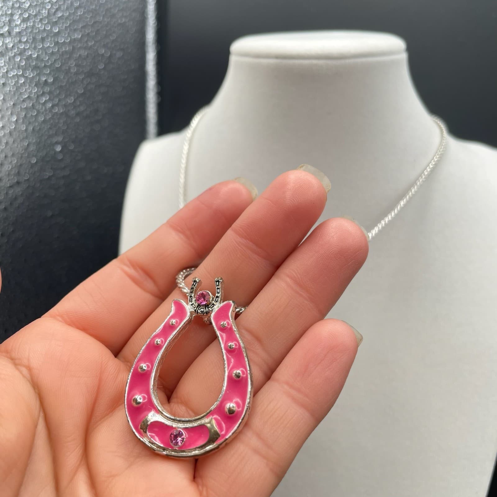 Vintage French Cut Pink Silver Lacquer Aluminium Horseshoe Lobster Charm Pendant - Thumbnail 7