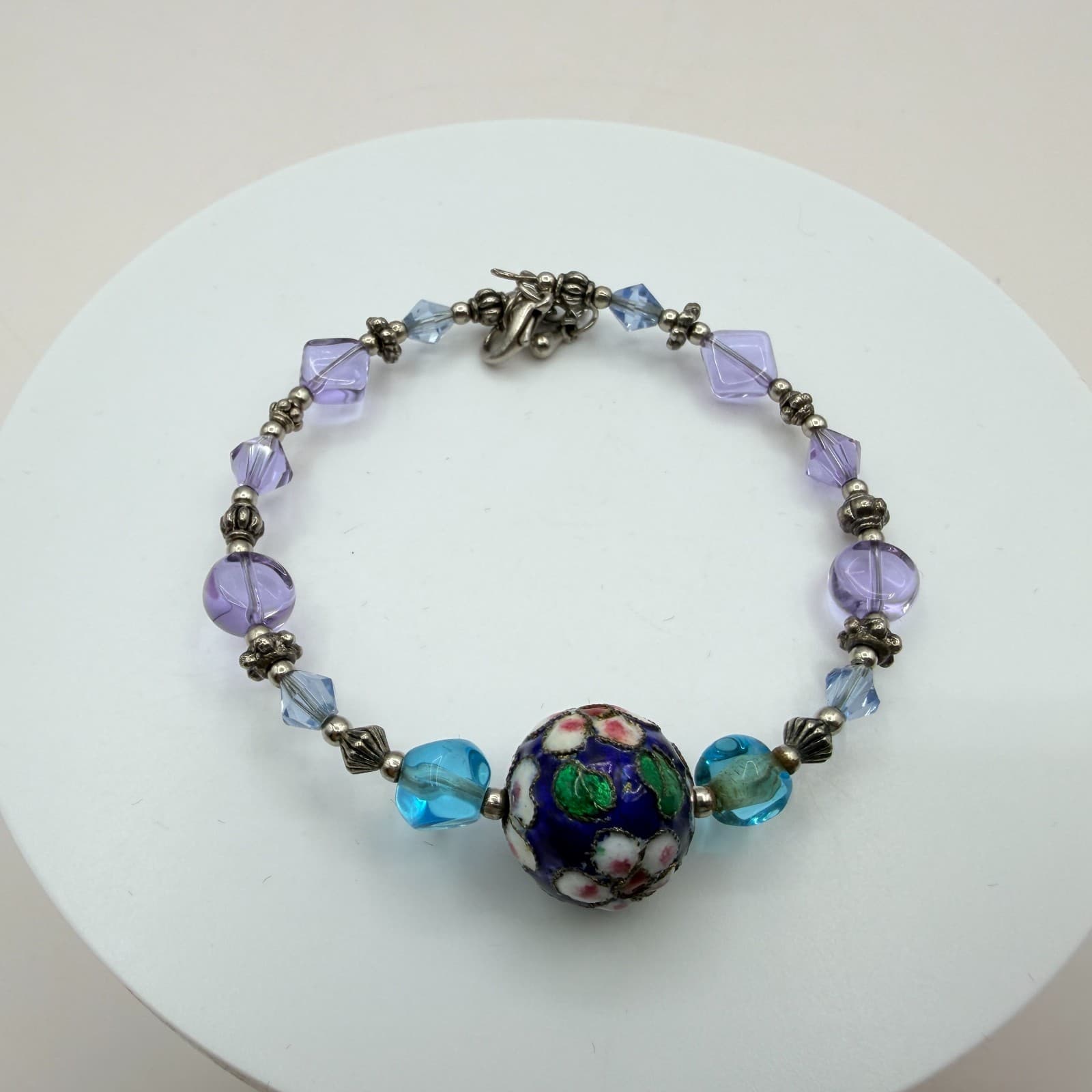Vintage 90s Lampwork Glass Floral Bead Bracelet Purple Blue Silver Tone Jewelry - Thumbnail 2