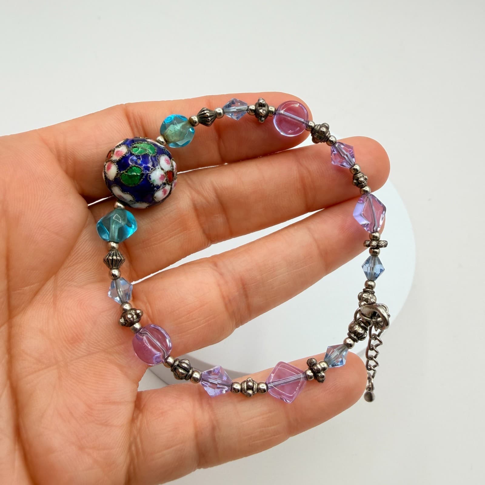 Vintage 90s Lampwork Glass Floral Bead Bracelet Purple Blue Silver Tone Jewelry - Thumbnail 9