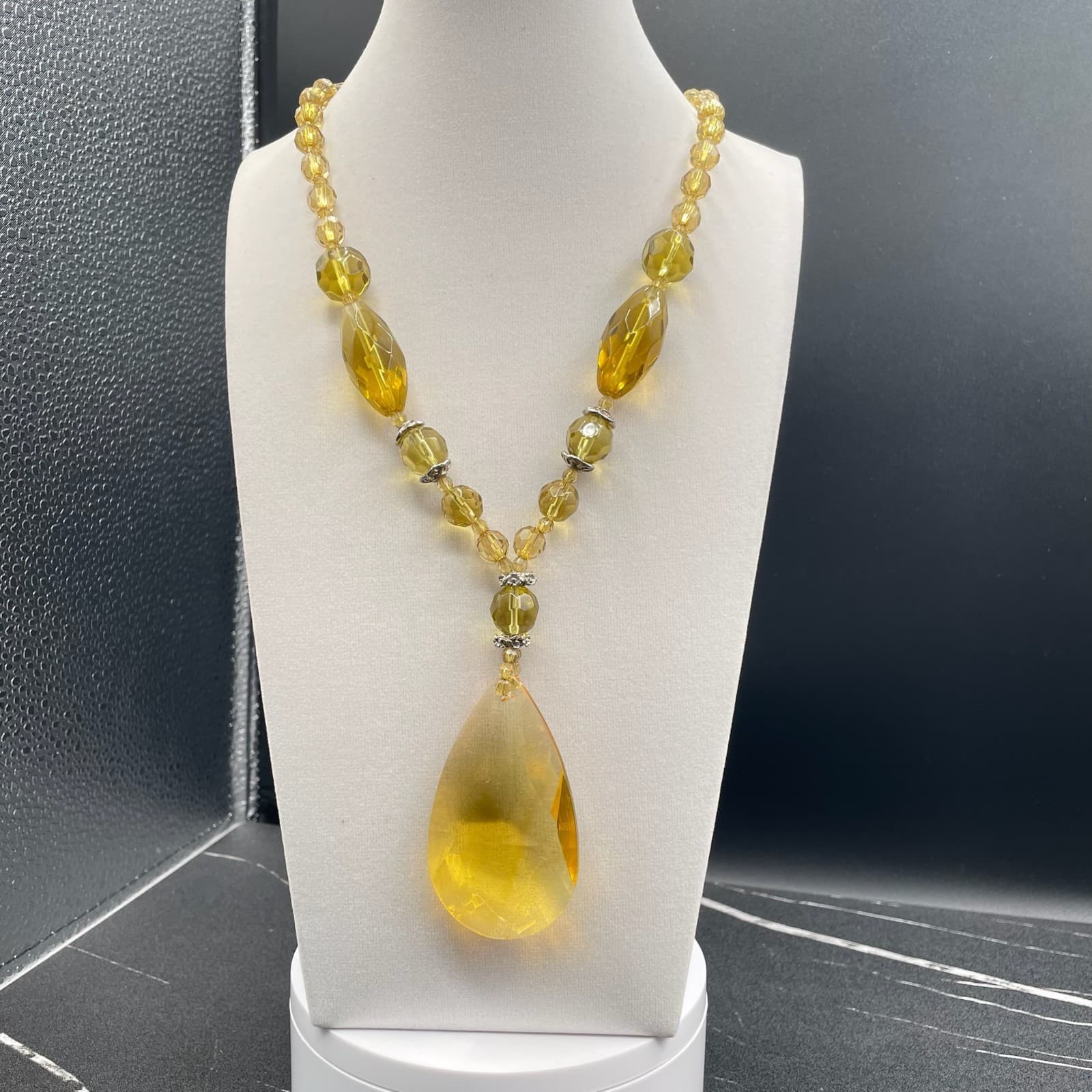 Vintage Amber Glass Silver-Tone Aluminium Lobster Classic Beaded Necklace - 17" - Thumbnail 2