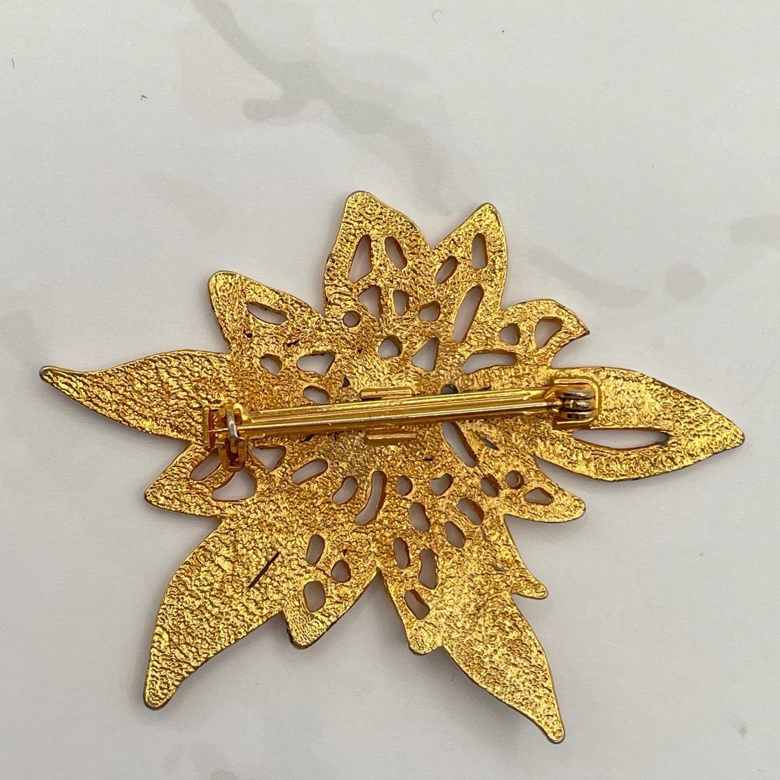 Vintage VTG Gold-Tone Poinsettia Flower Brooch Pin Green Red Enamel Leave - Thumbnail 18