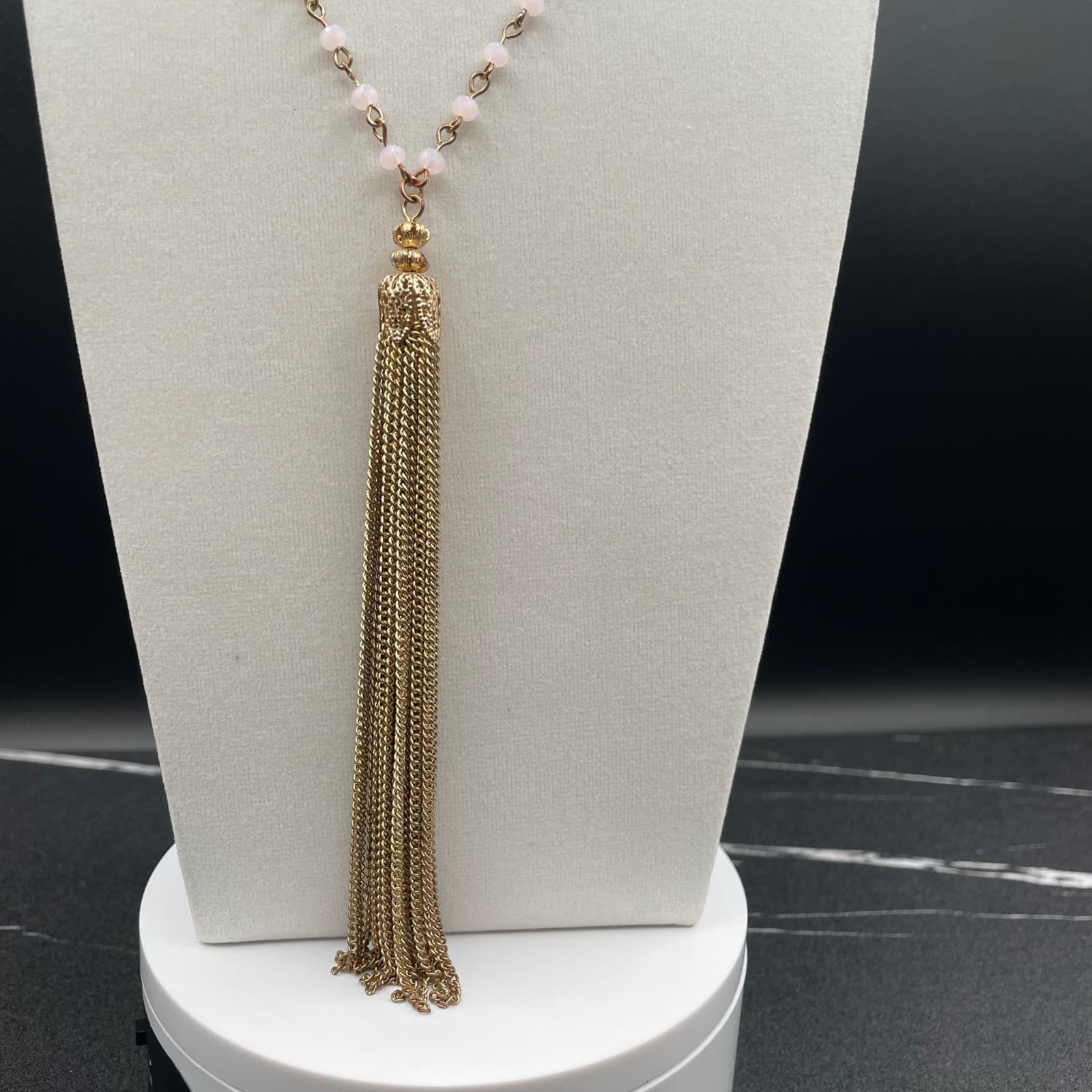 Vintage Gold-Tone Glass Beaded Lobster Claw Fashion Tassel Pendant Necklace - Thumbnail 3