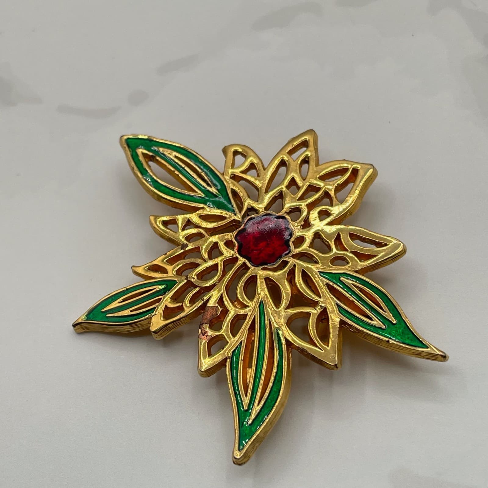 Vintage VTG Gold-Tone Poinsettia Flower Brooch Pin Green Red Enamel Leave - Thumbnail 4
