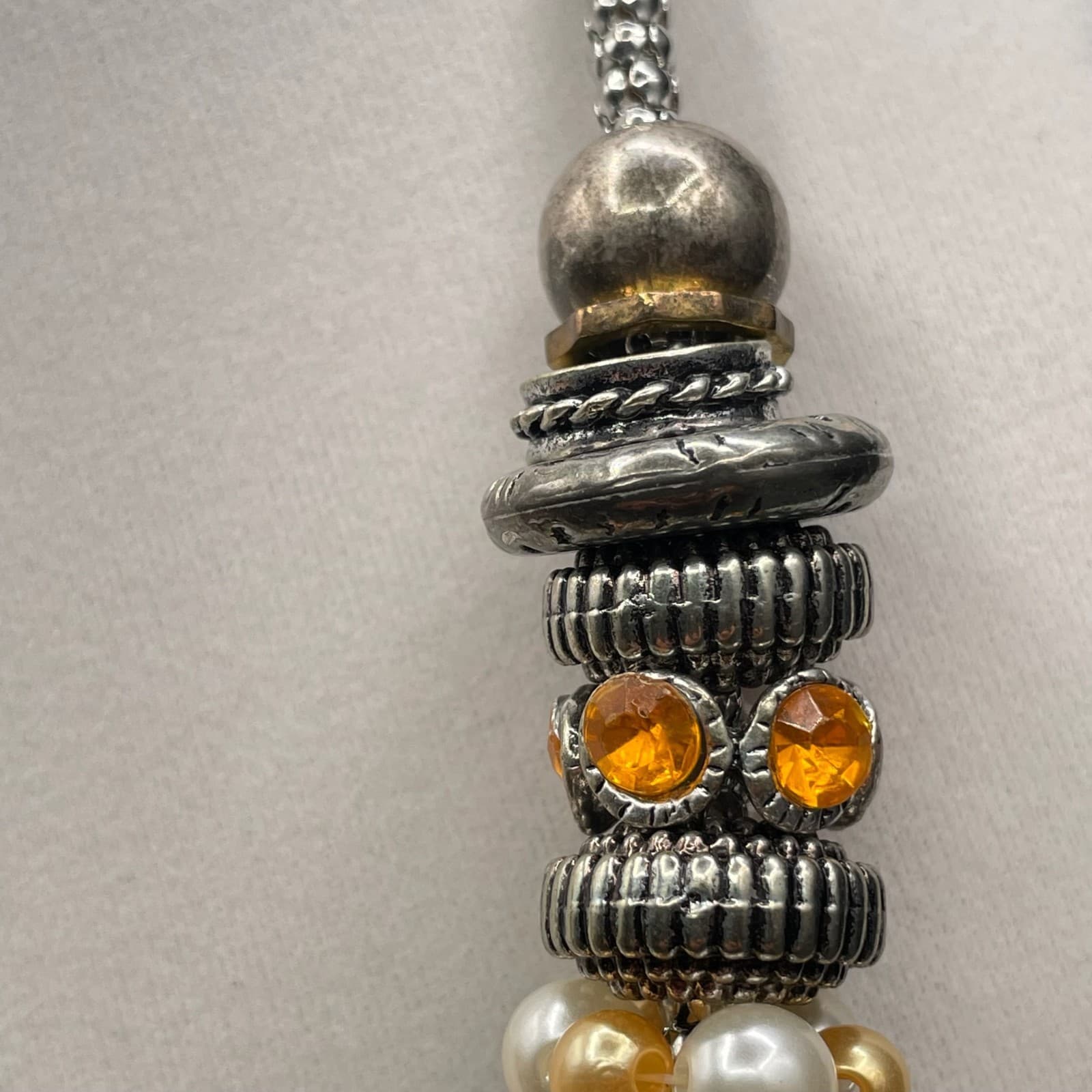 Vintage Mixed Media Accents Beads & Rhinestones Silver Tone Necklace Chain - Thumbnail 6