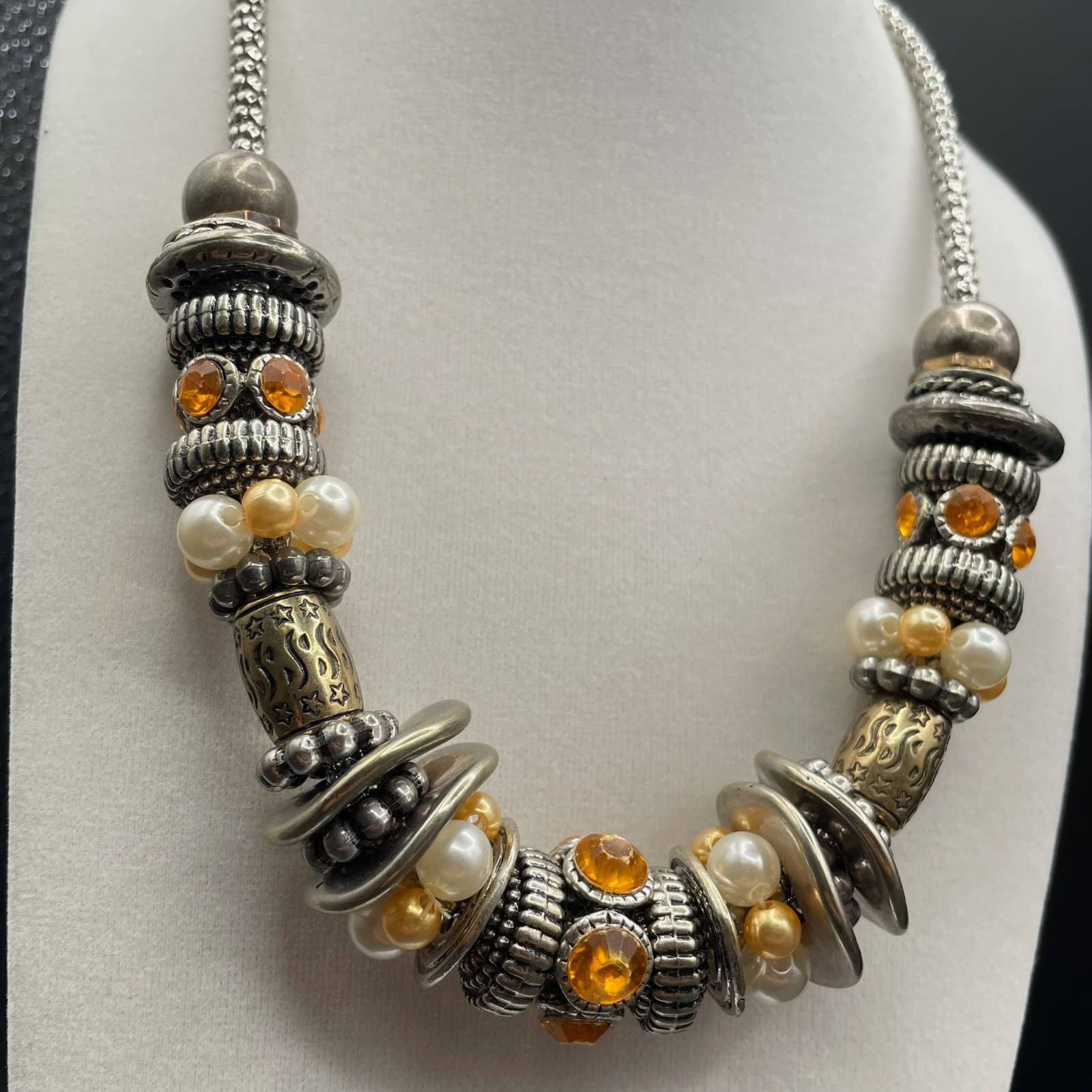 Vintage Mixed Media Accents Beads & Rhinestones Silver Tone Necklace Chain - Thumbnail 4