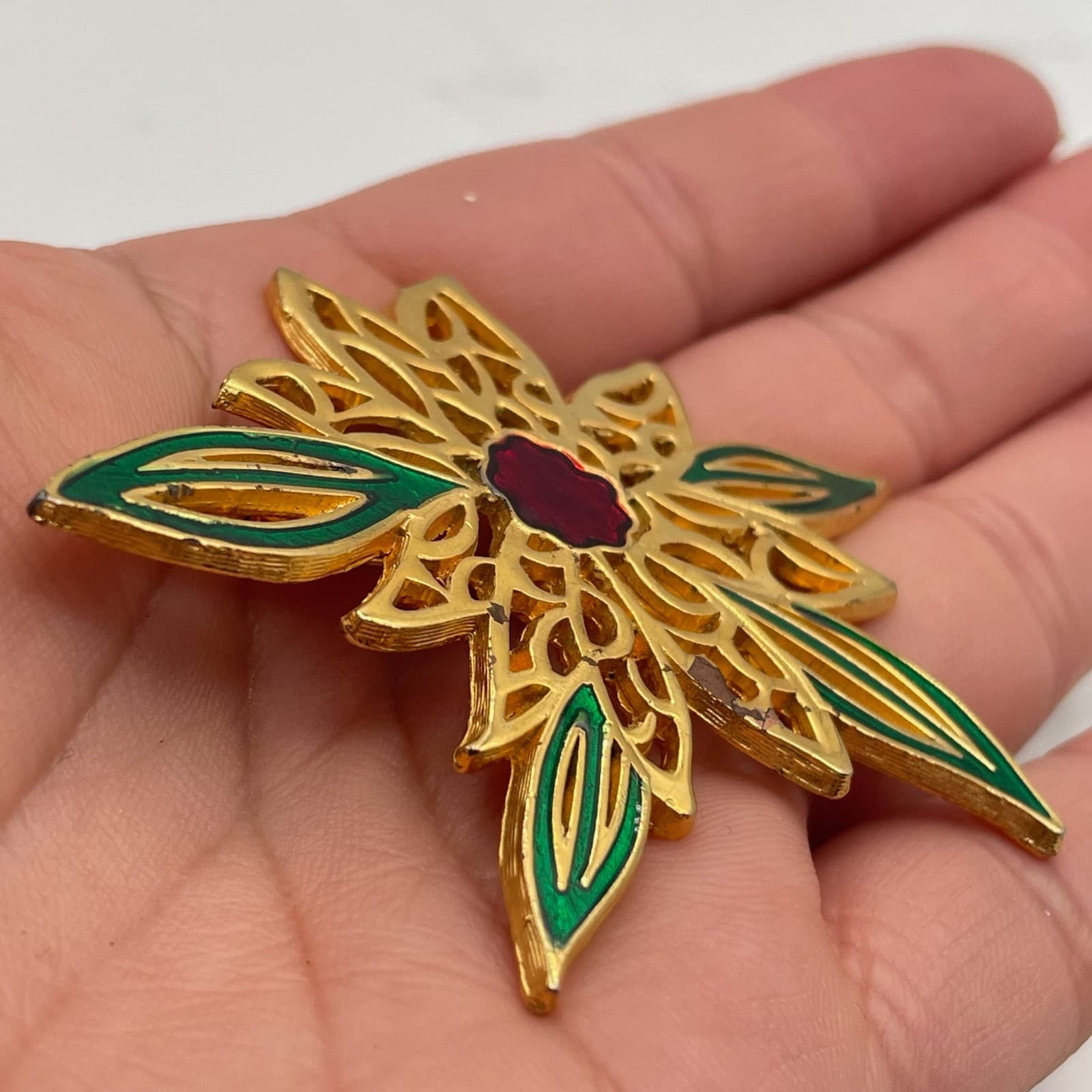 Vintage VTG Gold-Tone Poinsettia Flower Brooch Pin Green Red Enamel Leave - Thumbnail 12
