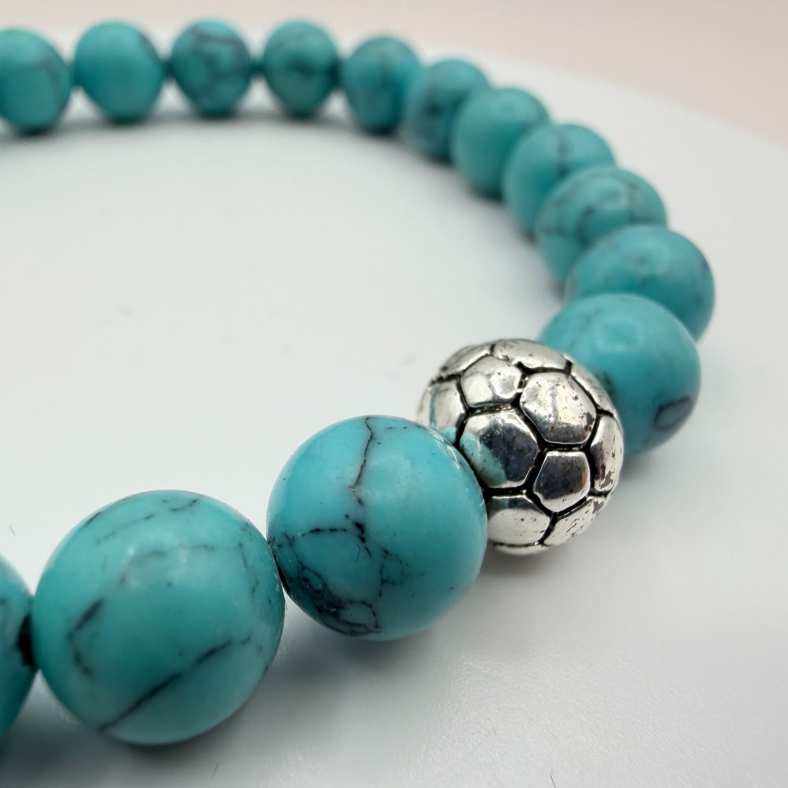Vintage 80s Howlite Beaded Bracelet Silver Tone Soccer Ball Charm Mens Jewelry - Thumbnail 3