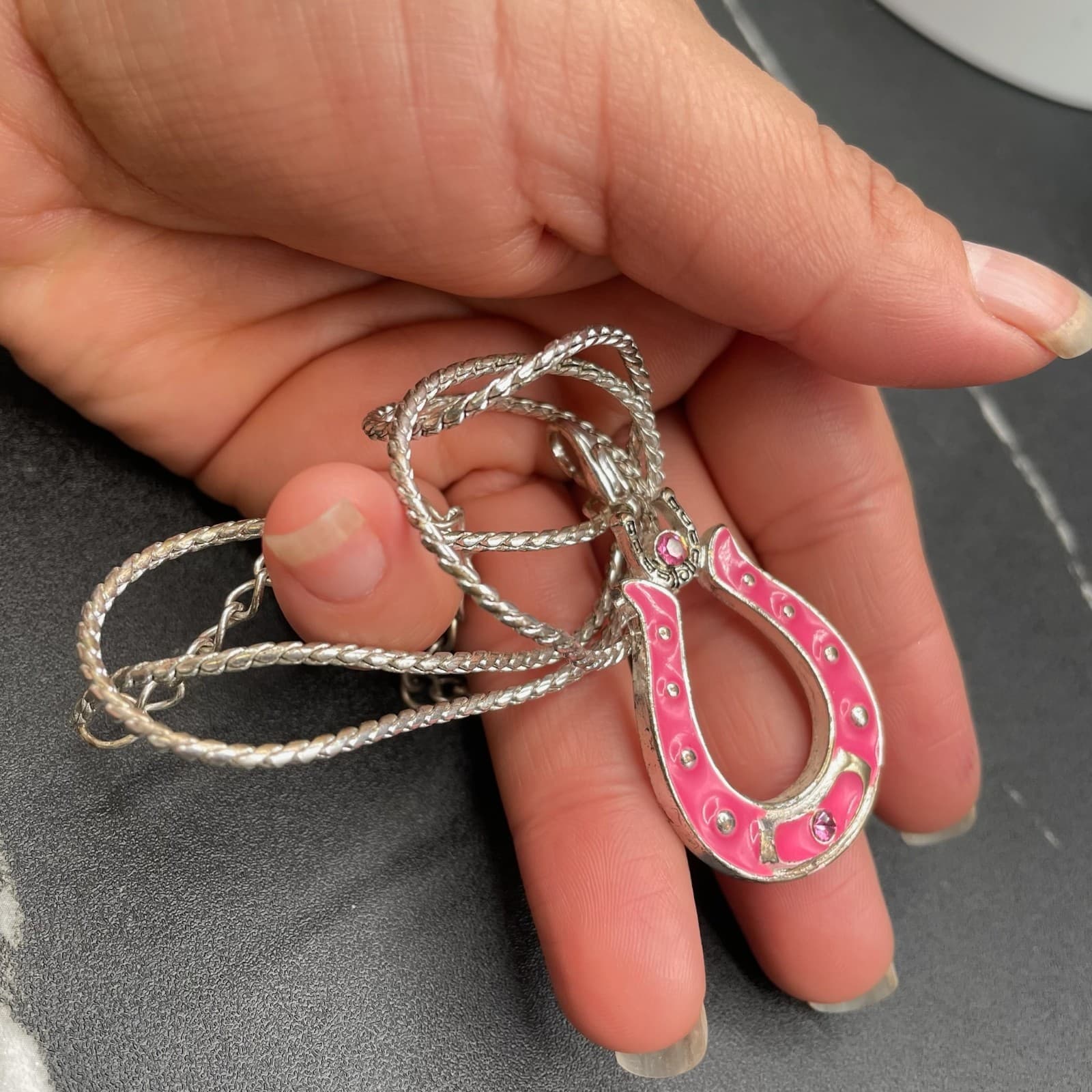 Vintage French Cut Pink Silver Lacquer Aluminium Horseshoe Lobster Charm Pendant - Thumbnail 14