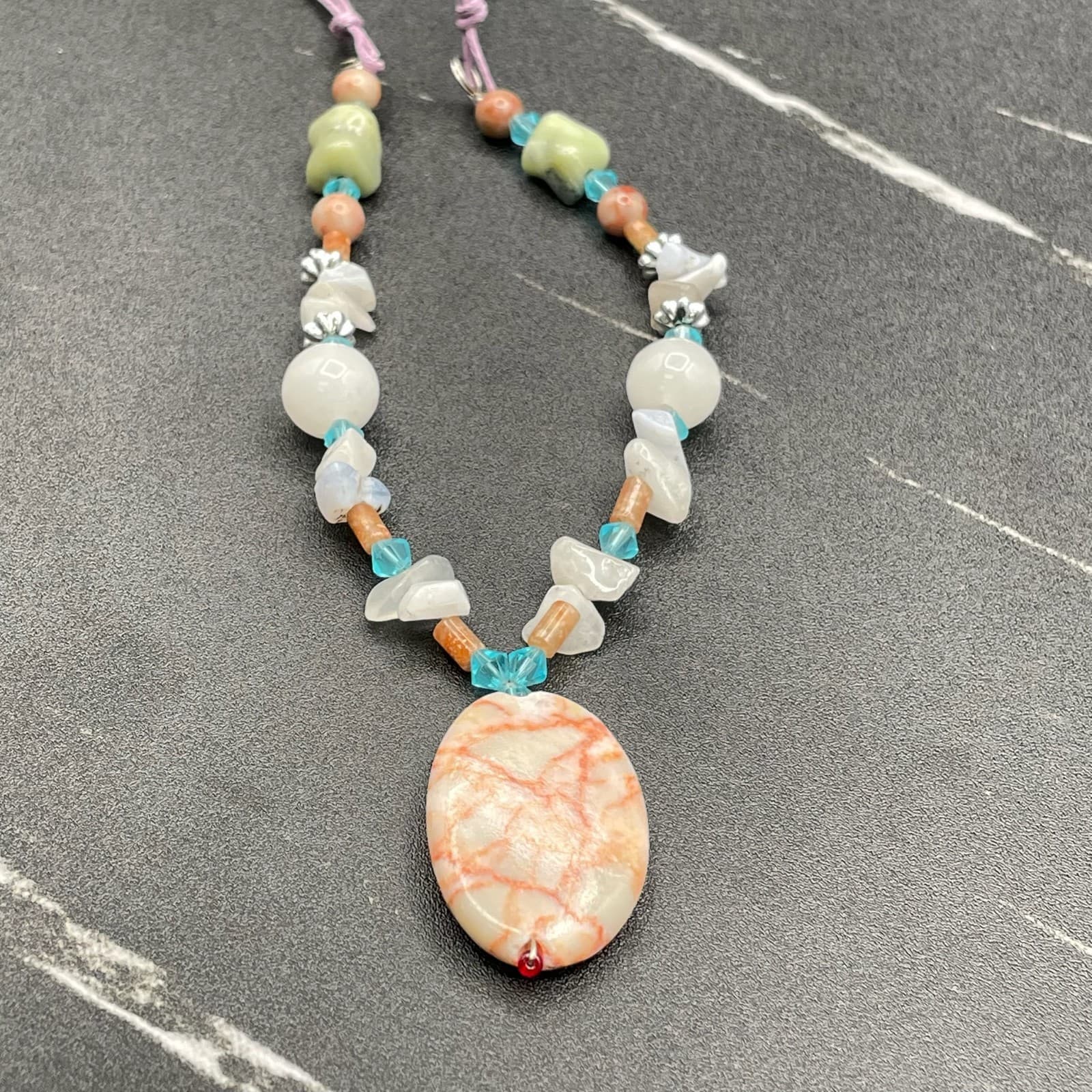 Vintage Multicolor Jasper Quartz Agate Gemstones Lobster Beaded Necklace - 11" - Thumbnail 11