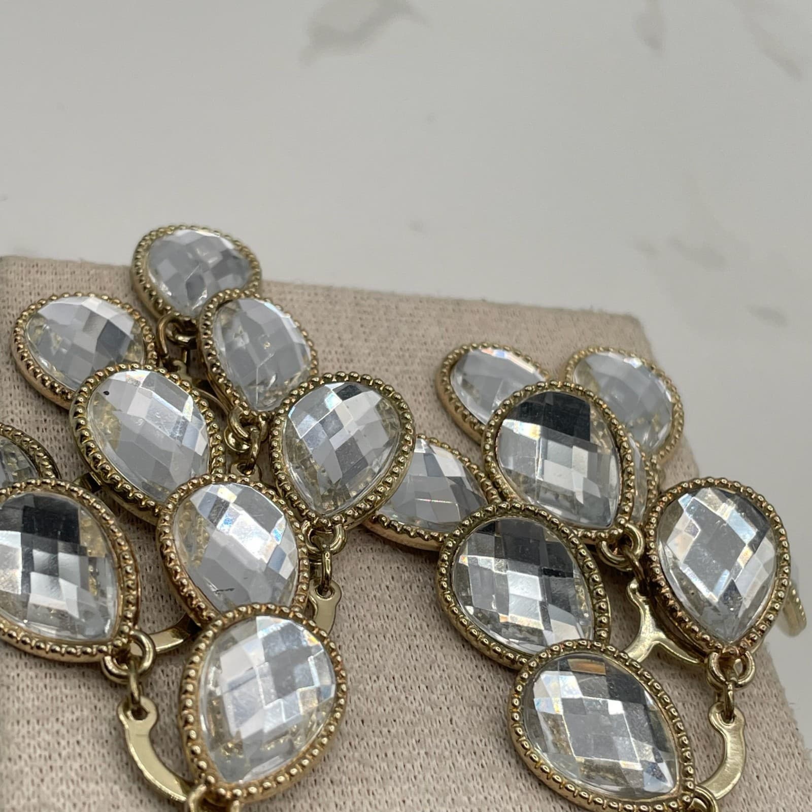 Vintage Gold-Tone Tiered Teardrop Chandelier Earrings with Faceted Clear Glass - Thumbnail 11