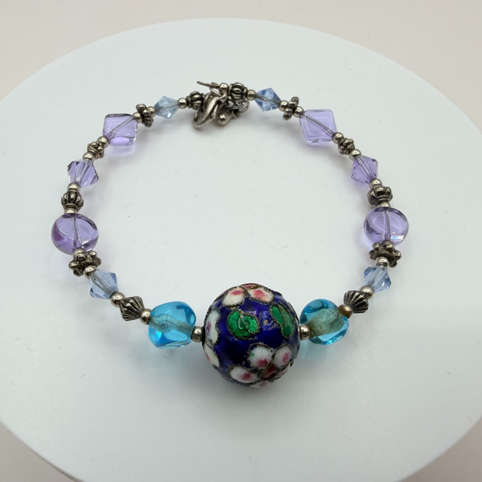 Vintage 90s Lampwork Glass Floral Bead Bracelet Purple Blue Silver Tone Jewelry - Thumbnail 8
