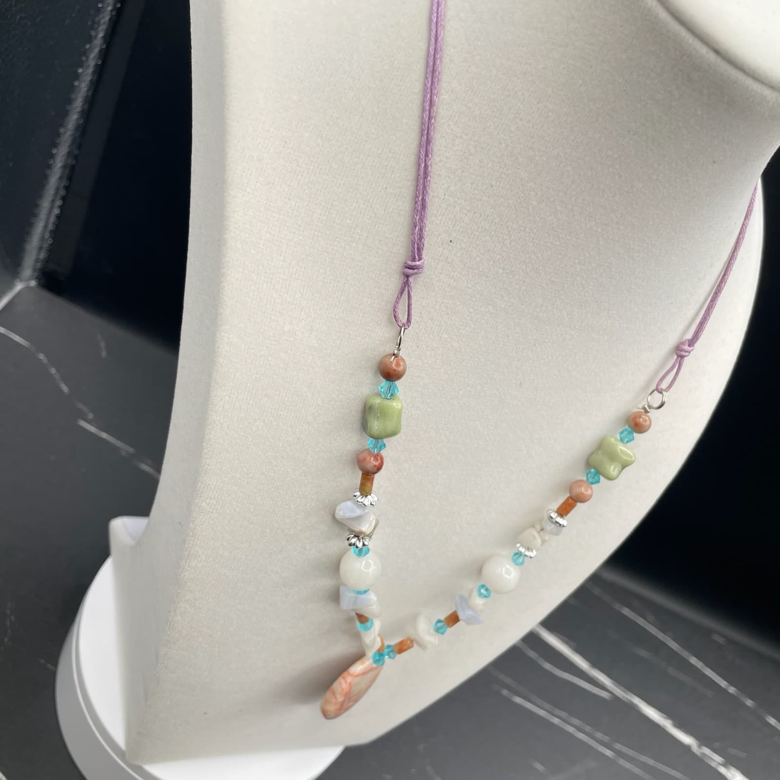 Vintage Multicolor Jasper Quartz Agate Gemstones Lobster Beaded Necklace - 11" - Thumbnail 5